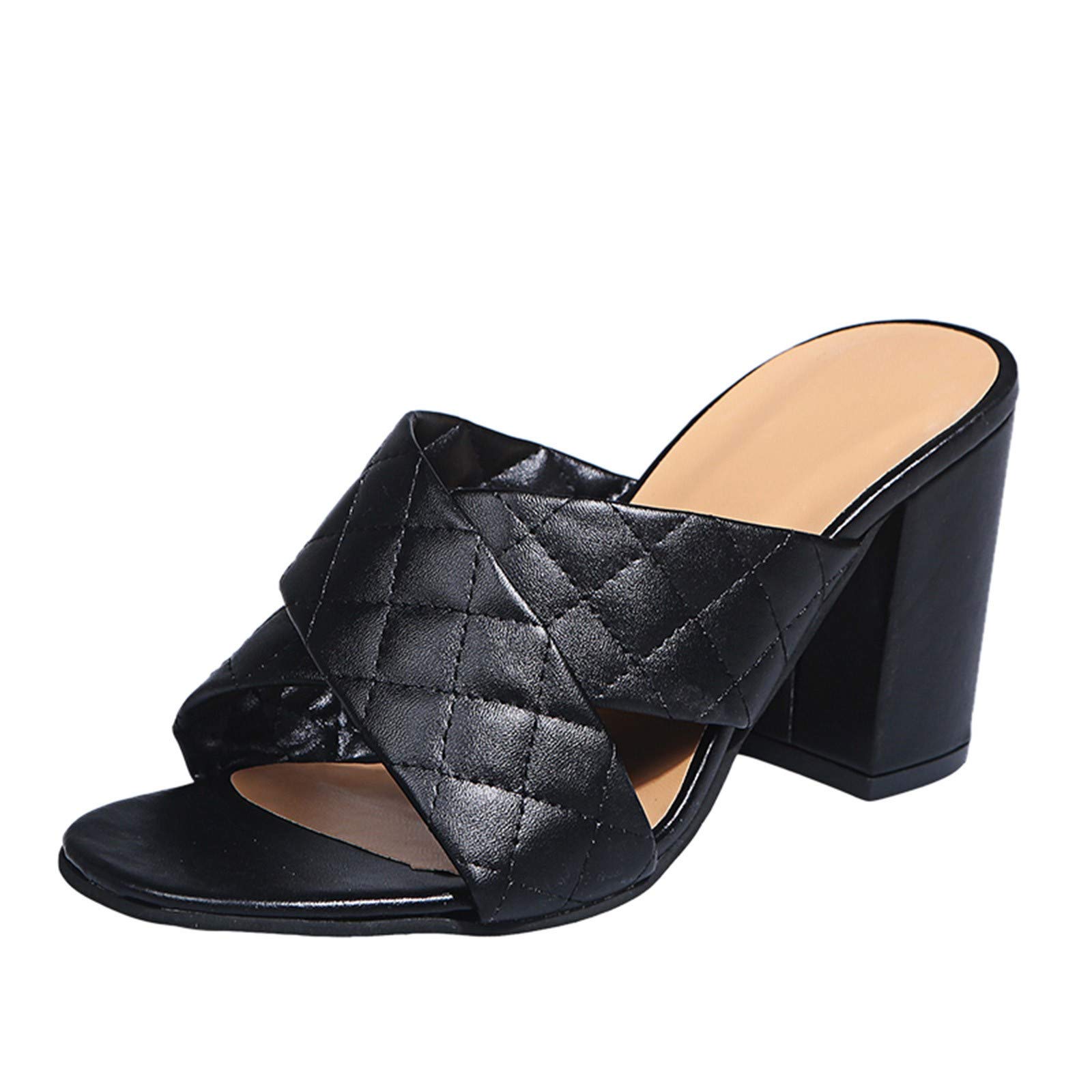 Women's Retro Waffle Square Toe Sandals - Open Toe Chunky Heel Slides with Open Back - Casual High Heel Slippers for Summer Outfits, Beach Vacations & Boho Fashion
