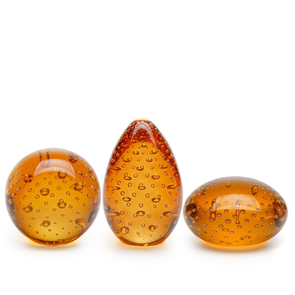 Authentic Murano-Style Hand Blown Glass Paperweights Set of 3 - Amber Bubbled Art Glass in Flat, Ball & Egg Shapes | Perfect for Home Office Decor, Gift Giving & Collectibles