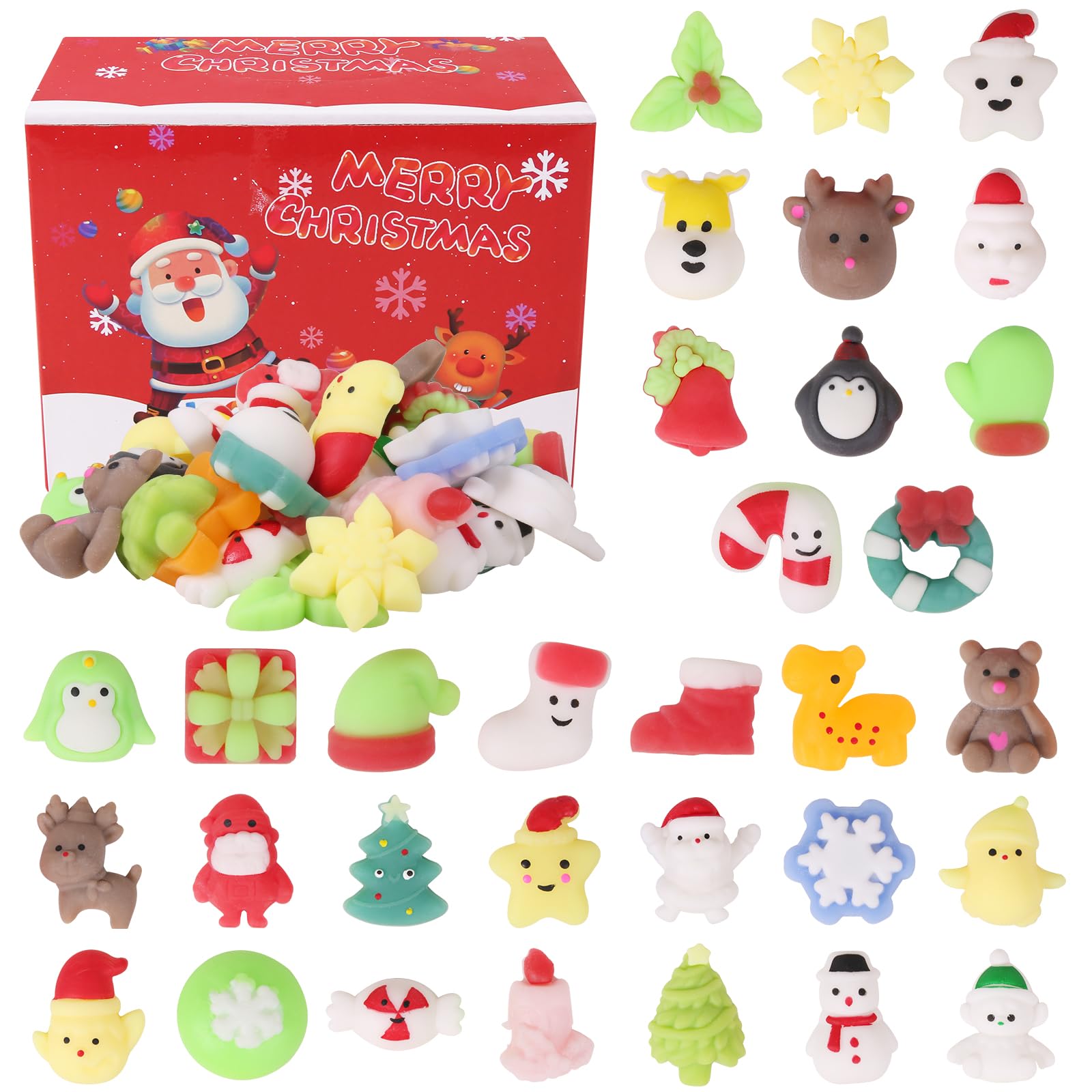 32pcs Christmas Mochi Squishy Toys - Slow Rising Soft Stress Relief Toys for Kids, Bulk Party Favors & Goodie Bag Gifts, Fun Classroom Prizes & Stocking Stuffers - Perfect for Holiday Parties, School Rewards and Christmas Gift Exchanges