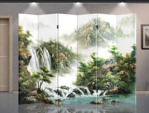 Asian Style Double Sided Canvas Room Divider with Mountain View - Handmade Folding Privacy Screen for Living Room, Bedroom, Office & Meditation Space