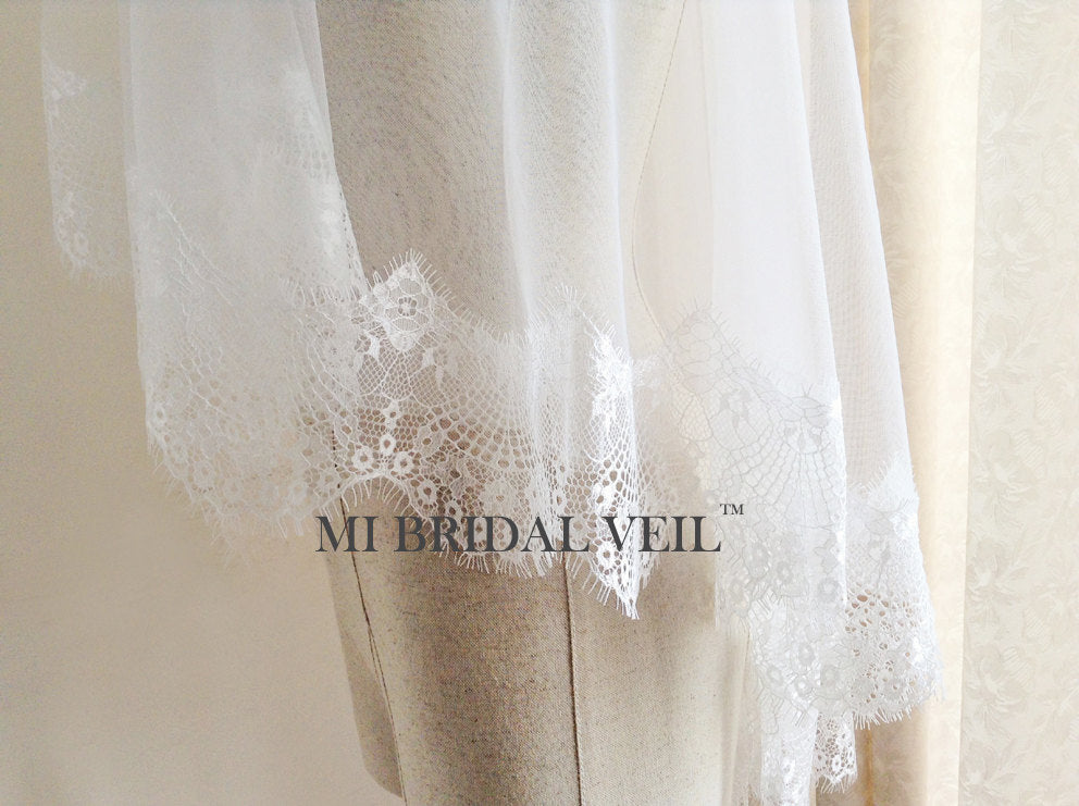 Elegant Mantilla Lace Wedding Veil with Blusher - Spanish Style Eyelash Lace Bridal Veil for Church Ceremony & Romantic Photography | Mi Bridal Collection