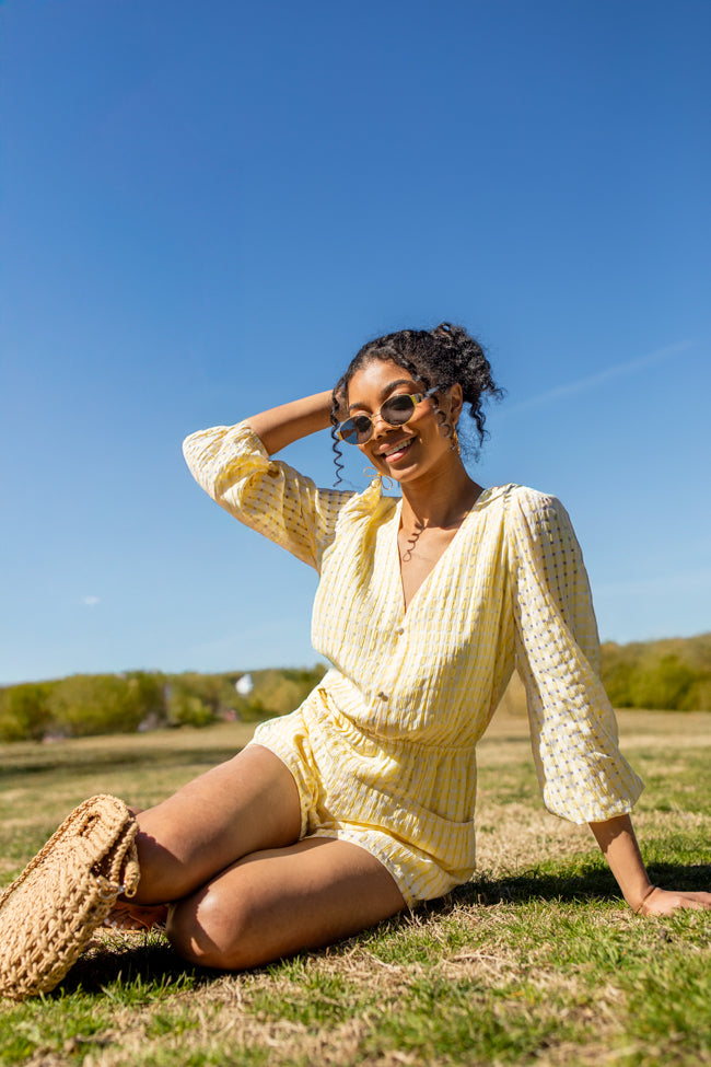 Set On You Yellow Gingham Long Sleeve Romper - Women's Summer Jumpsuit with Pockets | Perfect for Beach Vacations, Picnics & Date Nights