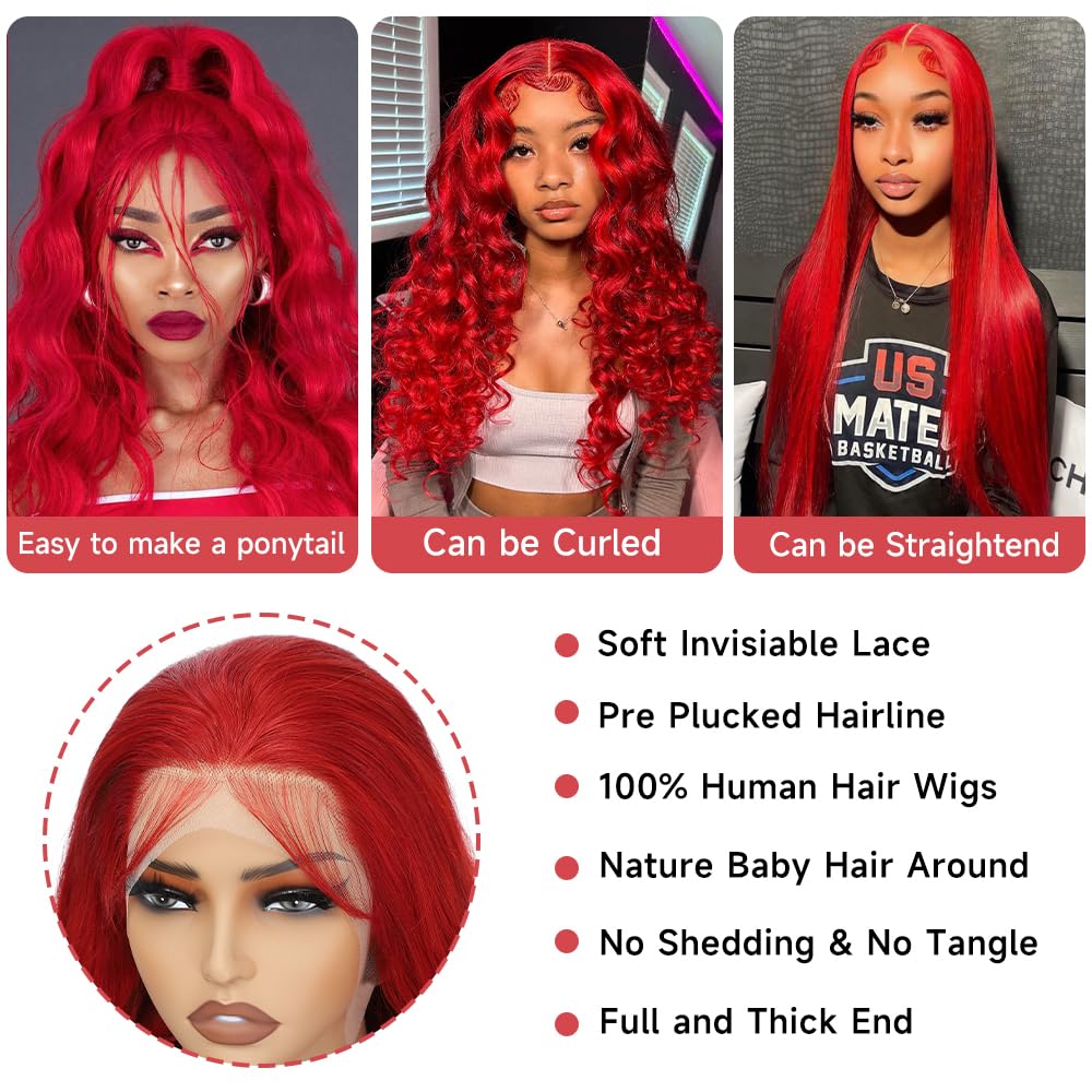 13x4 HD Lace Front Wig Human Hair - 30 Inch Red Body Wave Pre Plucked Glueless Wig 180% Density | Perfect for Cosplay, Halloween, Daily Wear & Special Occasions