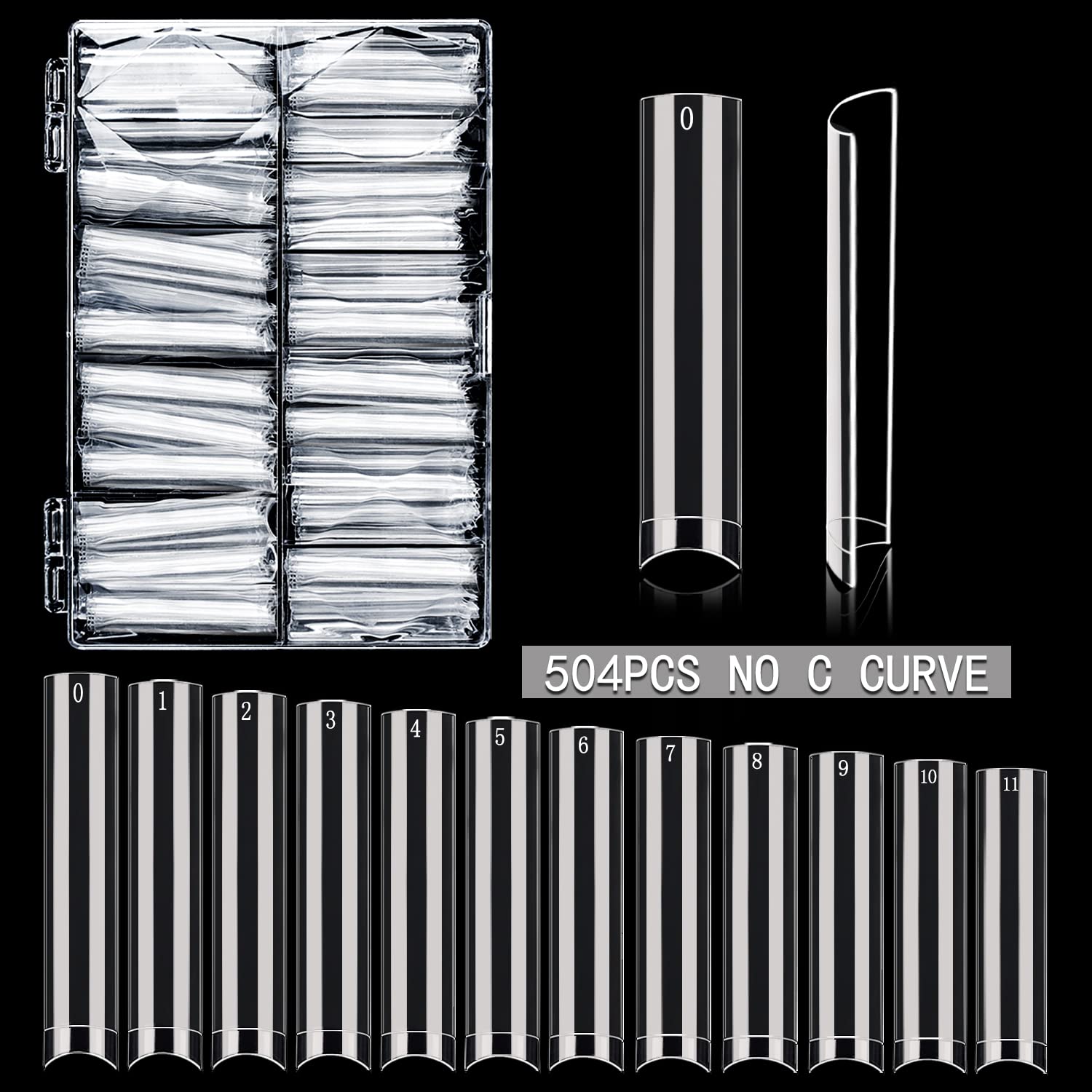 504PCS XXXL No C Curve Clear Square Nail Tips - Extra Long Flat Fake Nails for Acrylics, 12 Sizes Half Cover French Manicure with Storage Box | Professional Salon & DIY Home Nail Art Supplies