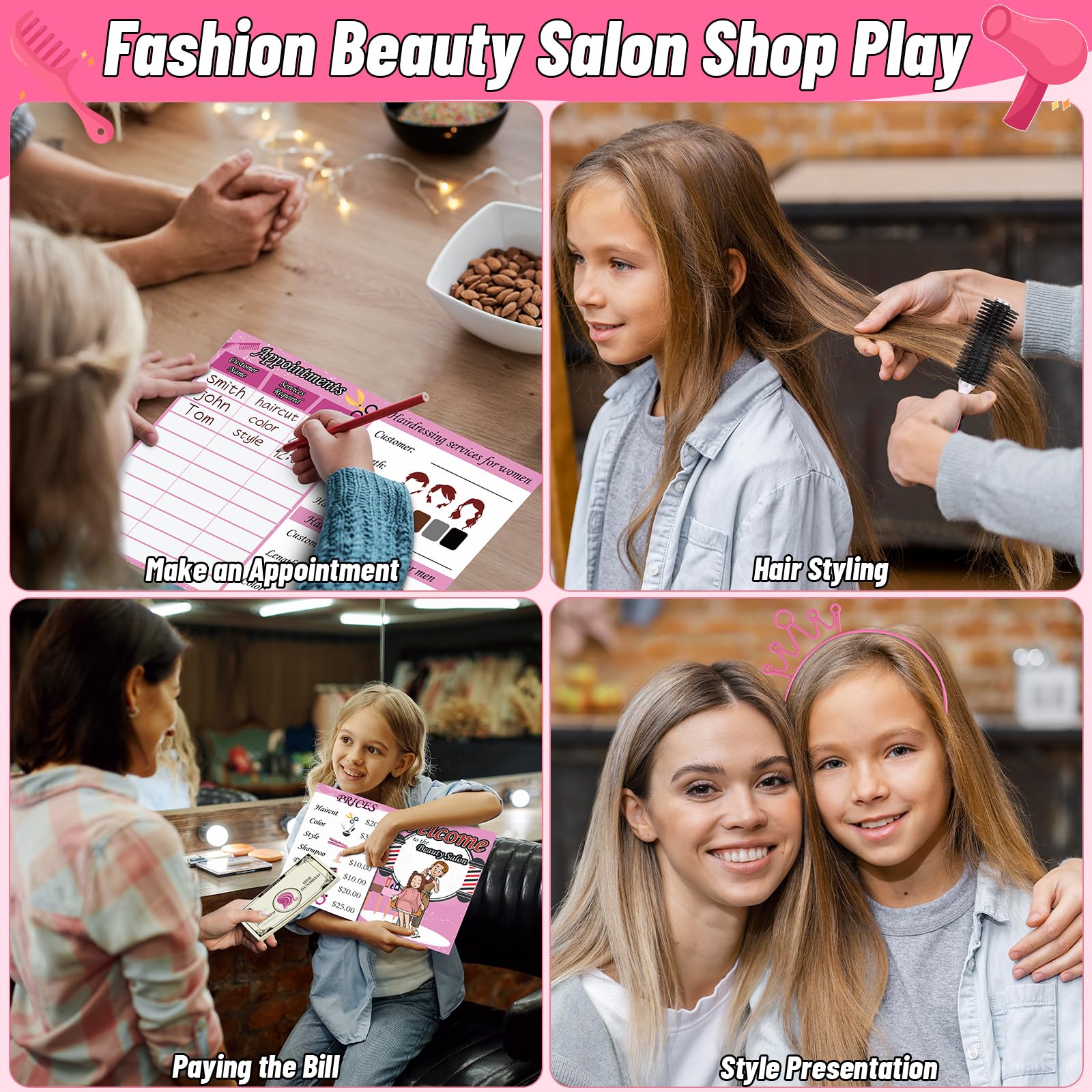 Girls Hair Salon Pretend Play Set - Styling Toys with Blow Dryer, Barber Apron, Scissors & Fake Money | Perfect for Kids Role Play, Birthday Gifts & Preschool Learning Activities