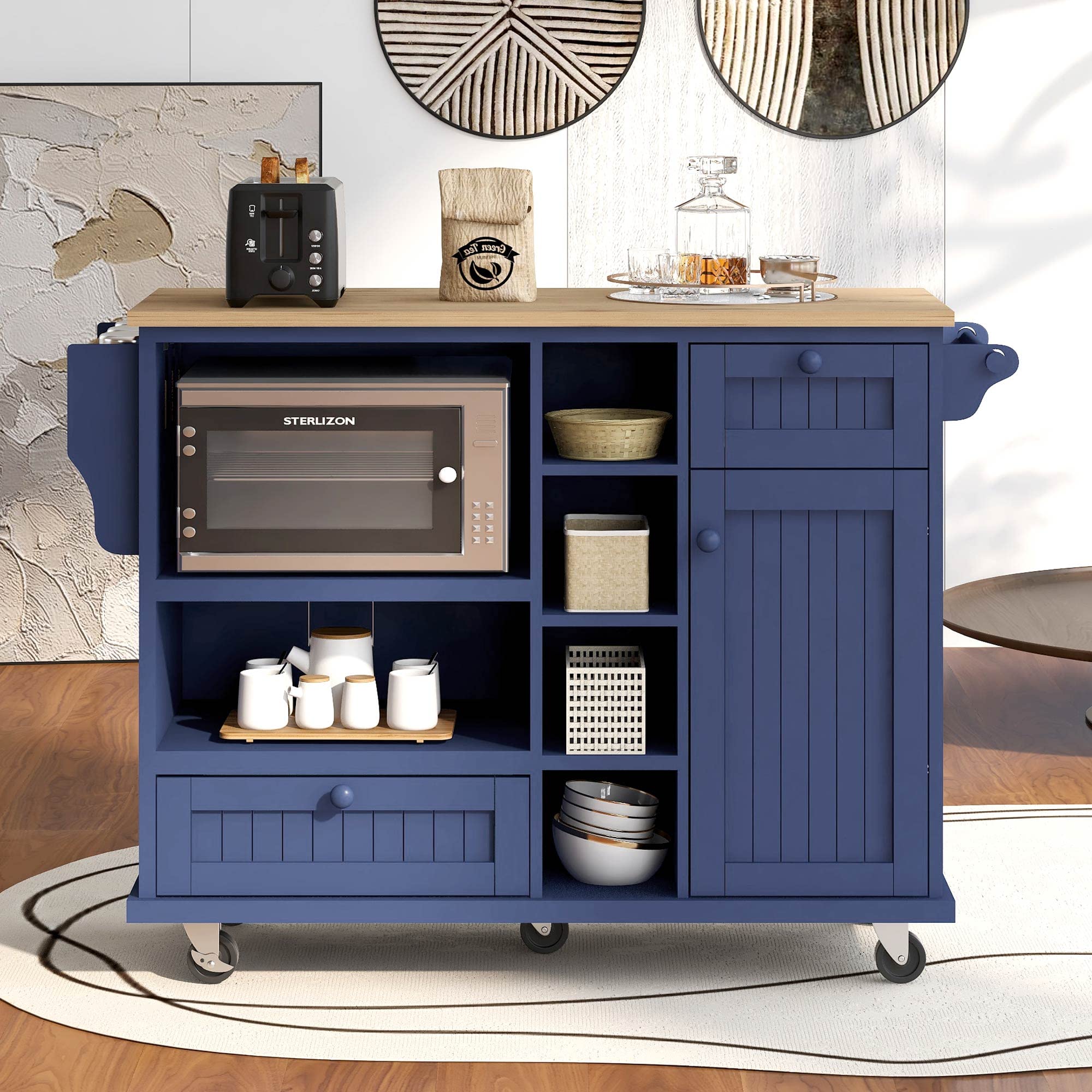 Polibi Kitchen Island Cart with Storage - Solid Wood Desktop, 2 Locking Wheels - Microwave Cabinet & Buffet Server for Kitchen & Dining Room - Dark Blue | Perfect for Small Spaces, Meal Prep & Extra Storage