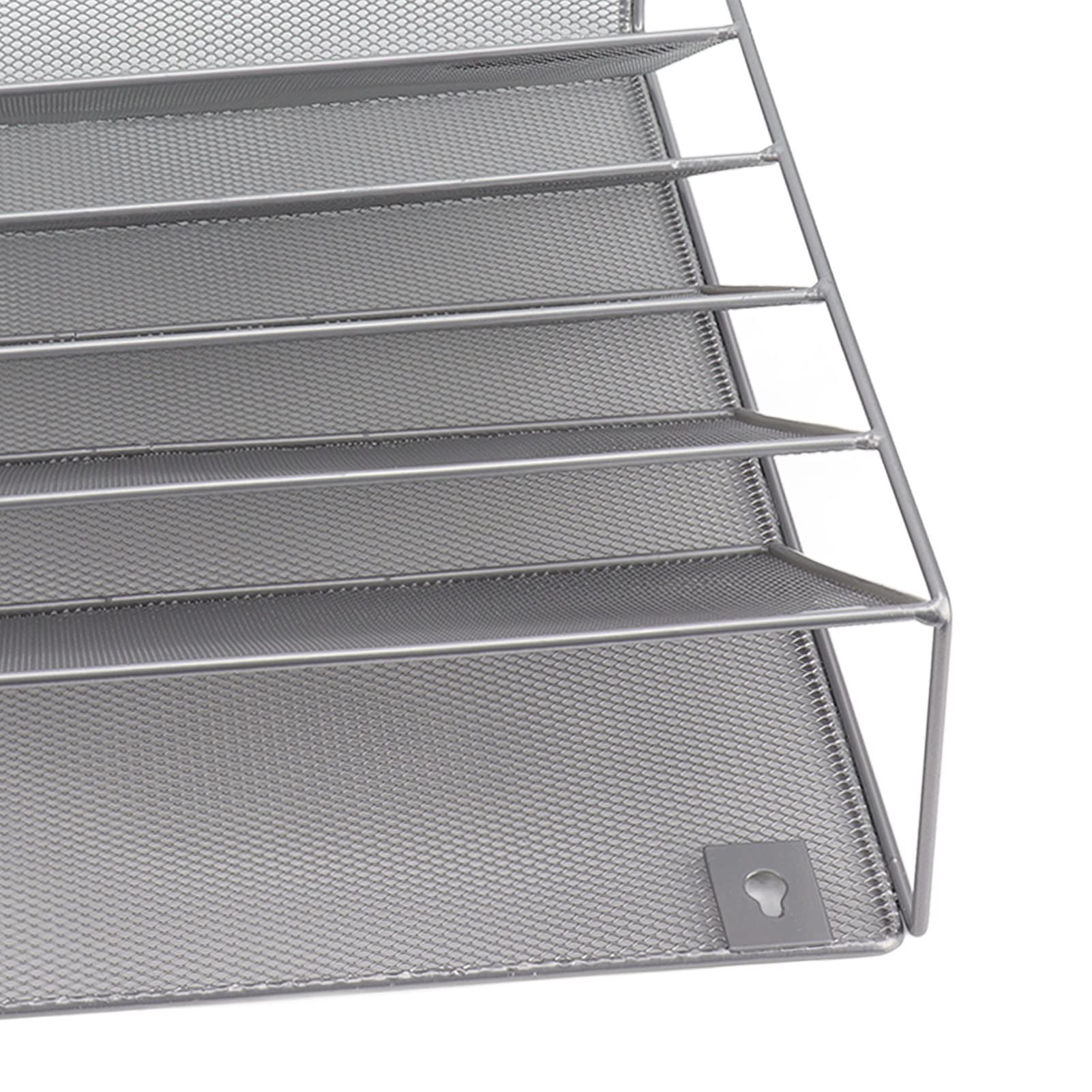 5 Tier Wall File Organizer - Metal Wall Mounted Magazine Rack for Office & Home - Space Saving Document Storage Shelf for Bills, Letters, Books - Silver Grid Holder for Organization & Decluttering