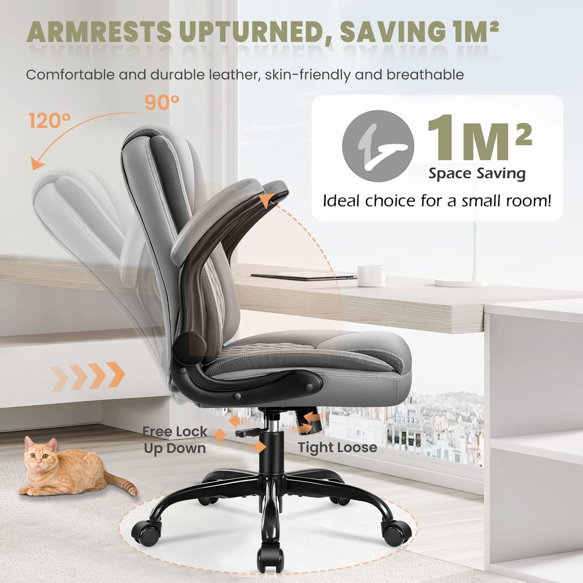 Premium Ergonomic Office Chair - Executive Leather Computer Desk Chair with Wheels, Swivel, Lumbar Support & Flip-Up Armrests - Gray - Perfect for Home Office, Gaming & Workspaces