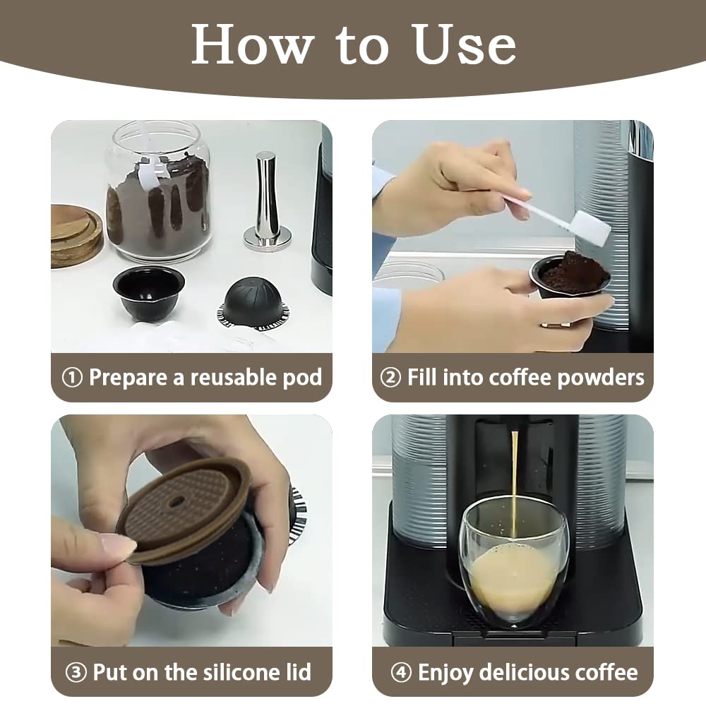 3-Pack Reusable Coffee Pods for Nespresso VertuoLine - Refillable Coffee Capsules Compatible with Vertuo Coffee Machines, Includes 1 Silicone Lid, Brush & Scoop - Perfect for Home, Office & Travel Use