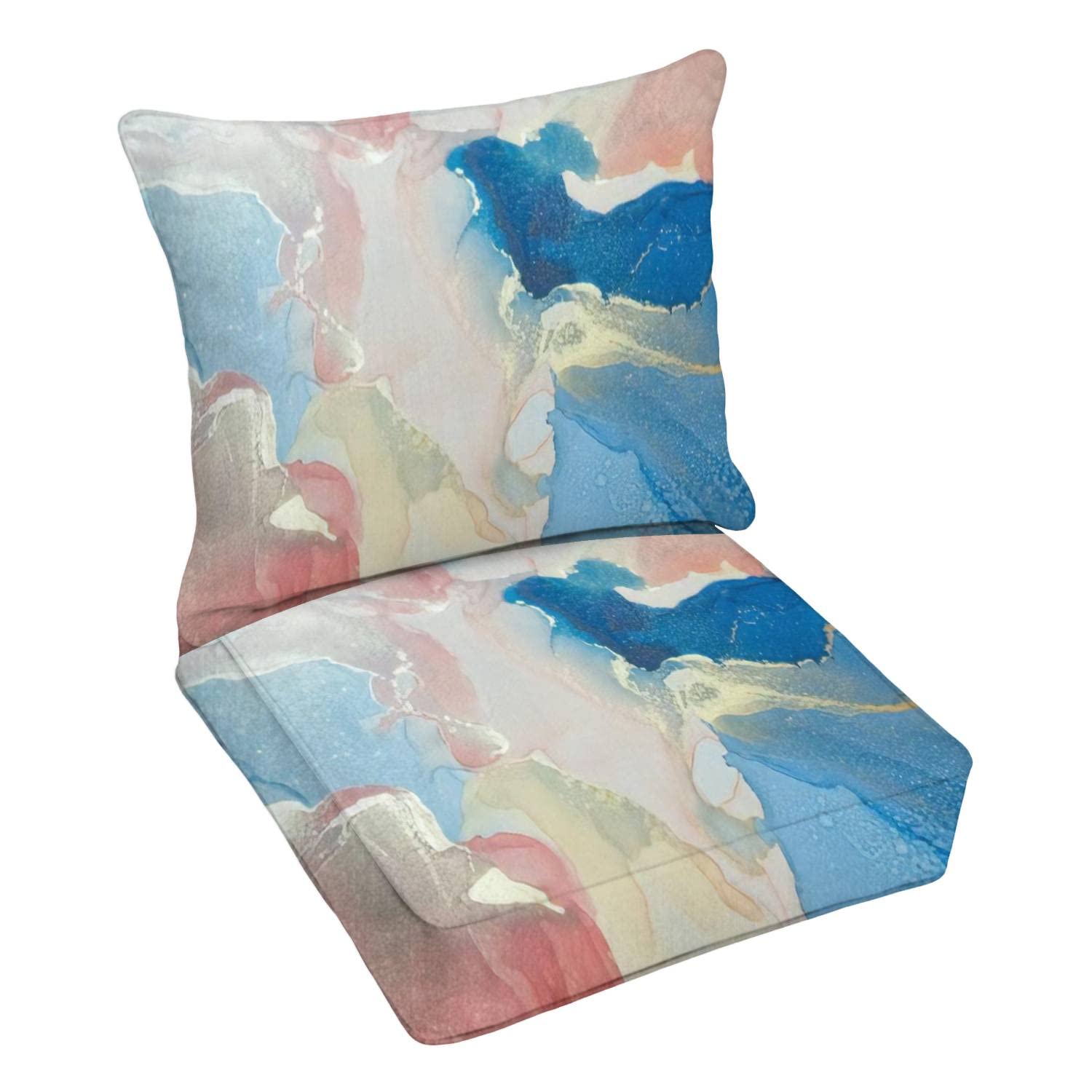 Premium Outdoor Deep Seating Cushion Set - Coral Blue & Gold Alcohol Ink Design - Water-Resistant Patio Furniture Replacement Cushions for Lounge Chairs & Conversation Sets - Perfect for Poolside Relaxation, Garden Lounging & Outdoor Entertaining