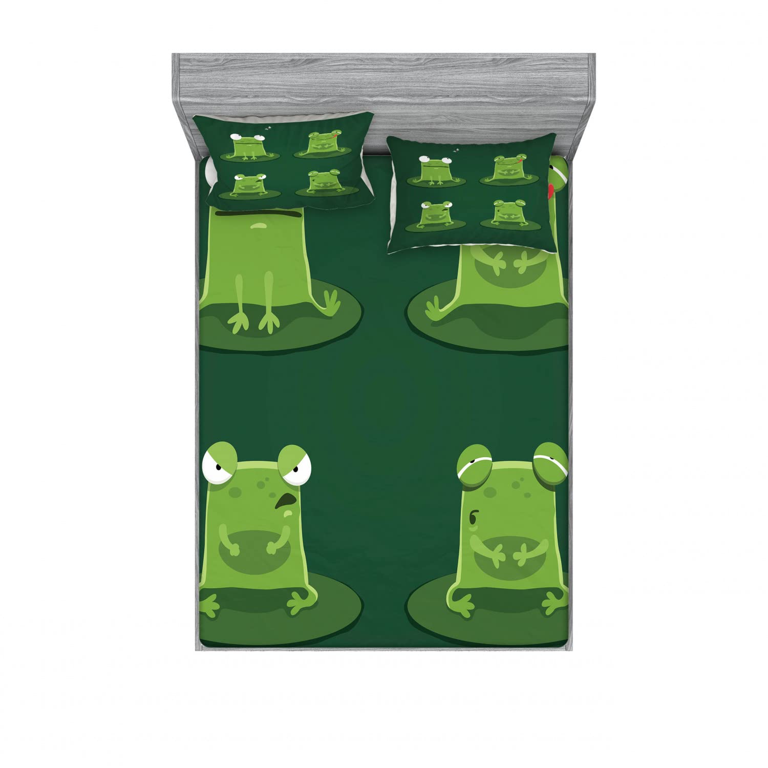 Ambesonne 2-Pack King Size Fitted Sheet Set with 4 Pillow Shams - Frogs on Lily Pads Pond Design, Hunter Green Bedding Collection | Perfect for Kids' Rooms, Nature-Themed Decor & Cozy Bedroom Makeovers