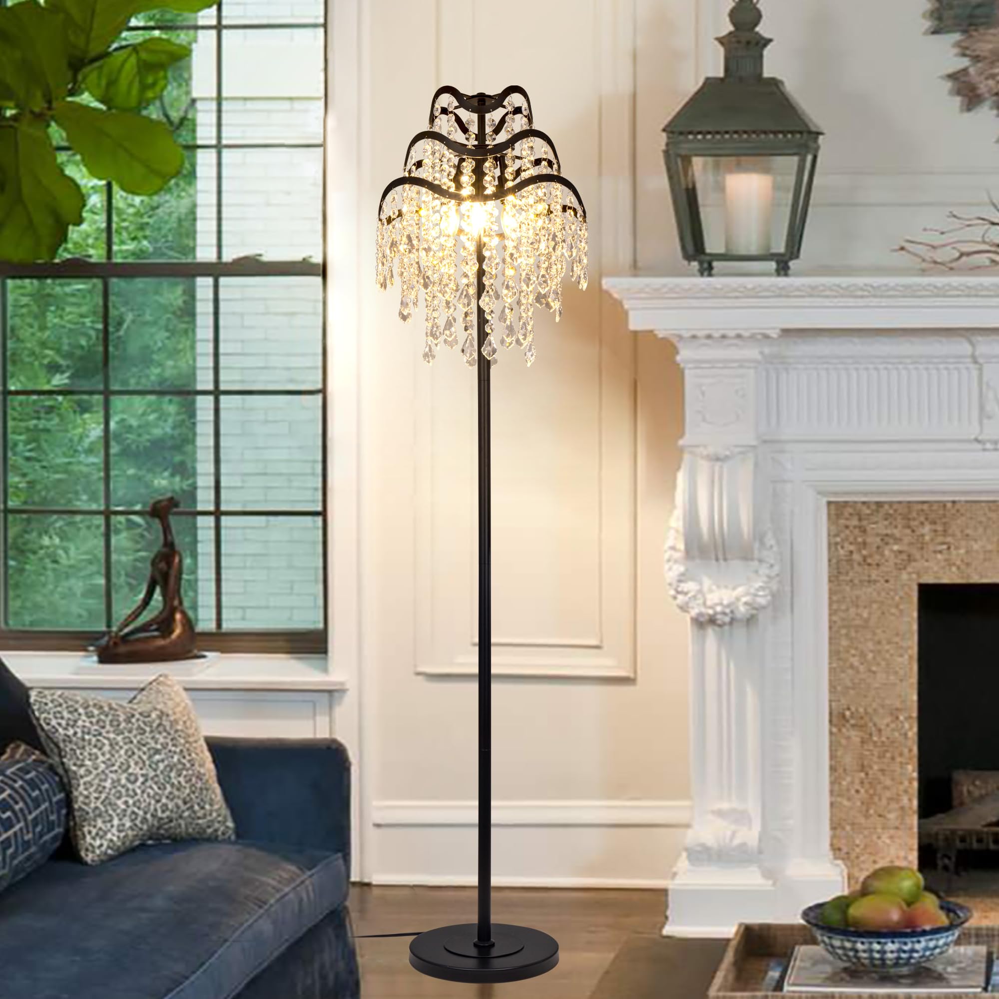 Boho Crystal Floor Lamp - Farmhouse Black Crystal Chandelier Floor Light for Living Room, Dining Room, Bedroom, Office | Modern Home Decor & Reading Nook Lighting
