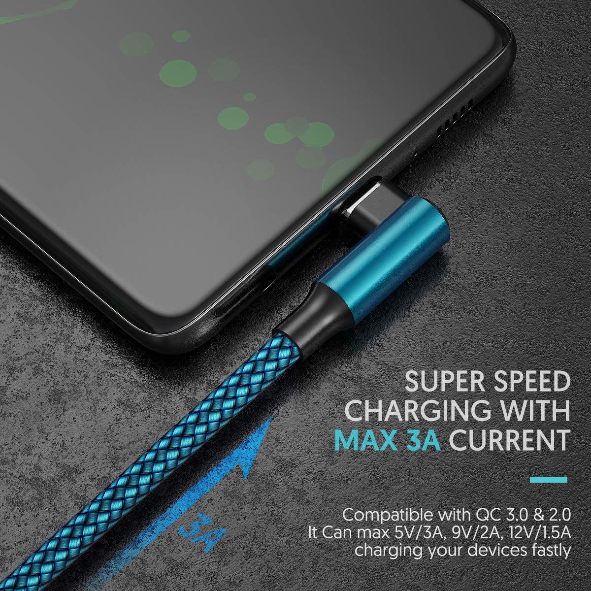 Geekboy USB C Cable 10ft 2-Pack - Right Angle USB A to Type C Charger Cable with Nylon Braiding for iPhone 15 Series & Samsung Galaxy S23/S22/S21 - Fast Charging & Durable (Cyan) - Perfect for Home, Office, Car & Travel Charging