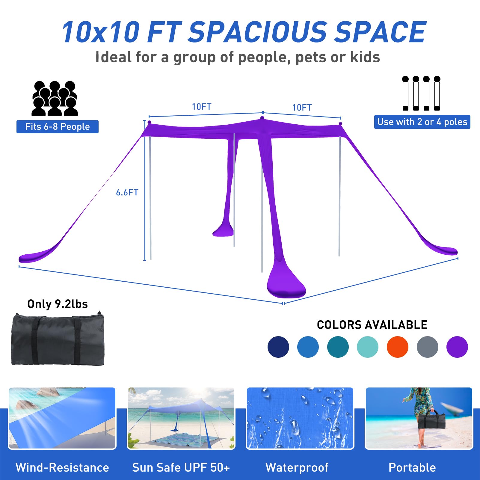 UPF50+ Beach Tent Pop Up Sun Shelter with 4 Stability Poles - Portable Outdoor Shade Canopy for Camping, Picnic & Beach Days (Includes Carry Bag, Ground Pegs, Sand Shovel & Windproof Ropes) - Purple 10×10FT Family Sun Protection for Outdoor Activities