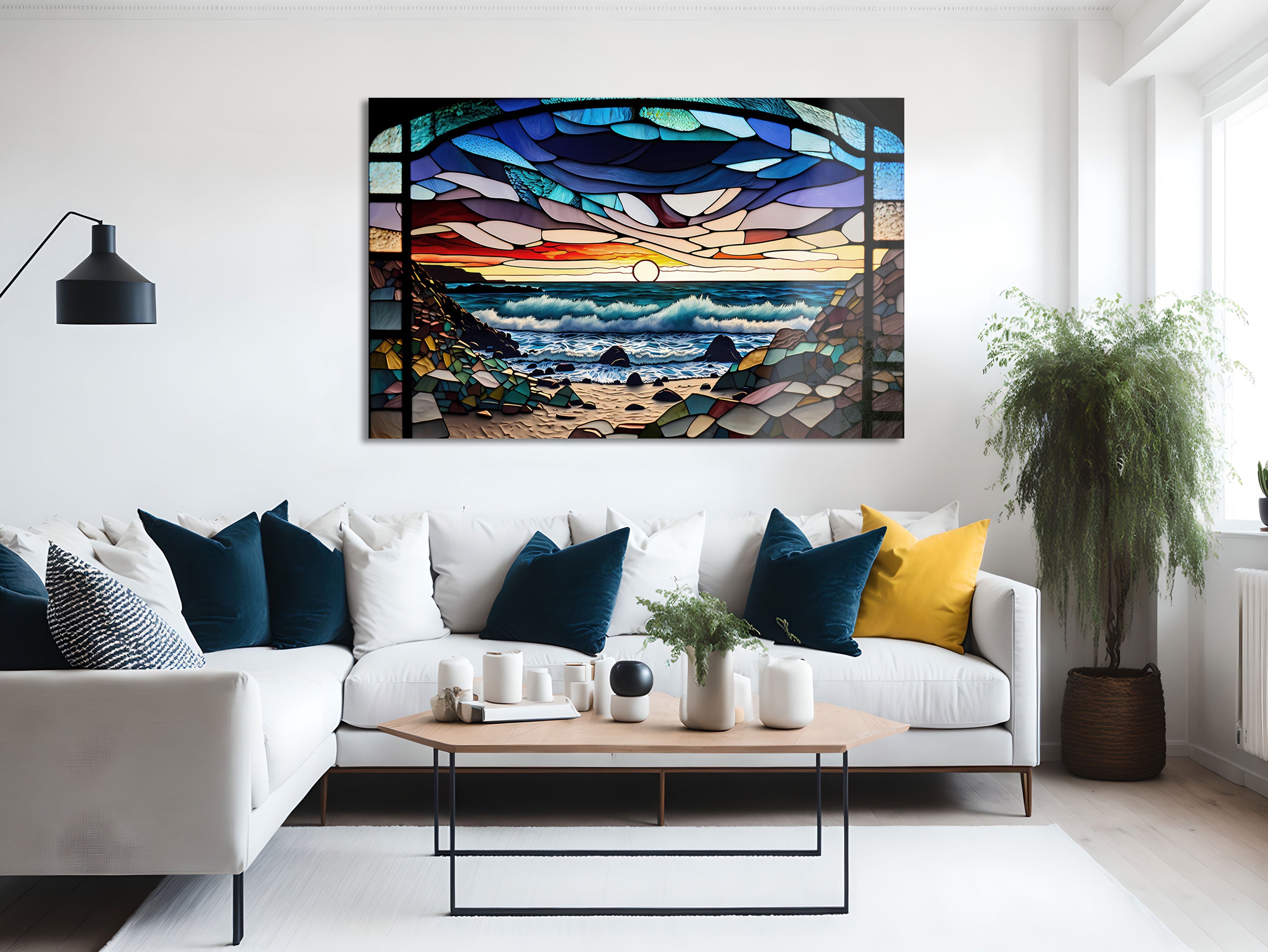 Abstract Coast Stained Glass Effect Wall Art - Handmade Modern Home Decor for Living Room, Bedroom & Office - Perfect for Bohemian, Coastal & Contemporary Interior Design Styles