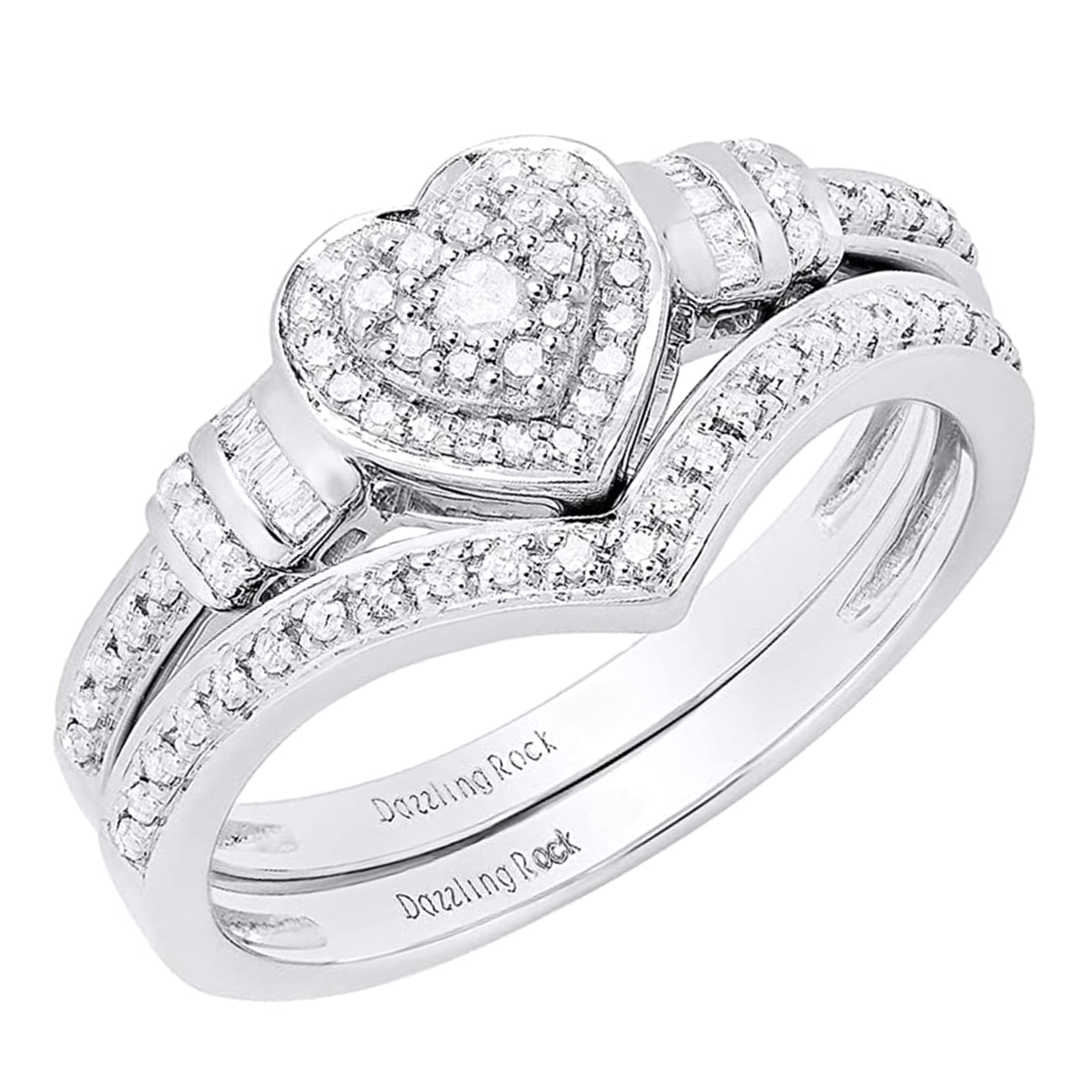 0.30 Carat Heart Shaped Diamond Engagement Ring Set - Round & Baguette Cut in 925 Sterling Silver - Dazzlingrock Collection | Perfect for Proposals, Anniversaries & Romantic Gifts