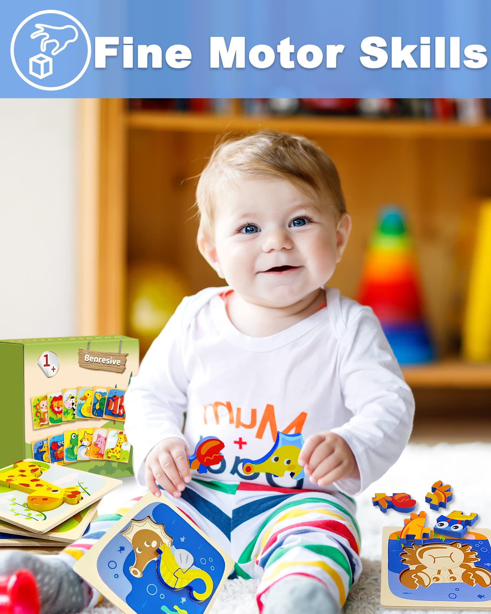 Benresive Wooden Toddler Puzzles for Ages 1-3 | Montessori Educational Toys for 1 2 3 Year Old Boys & Girls | 12-Pack Animal Learning Toys | Perfect Gift for Preschoolers | Great for Early Childhood Development & Montessori Classroom Activities
