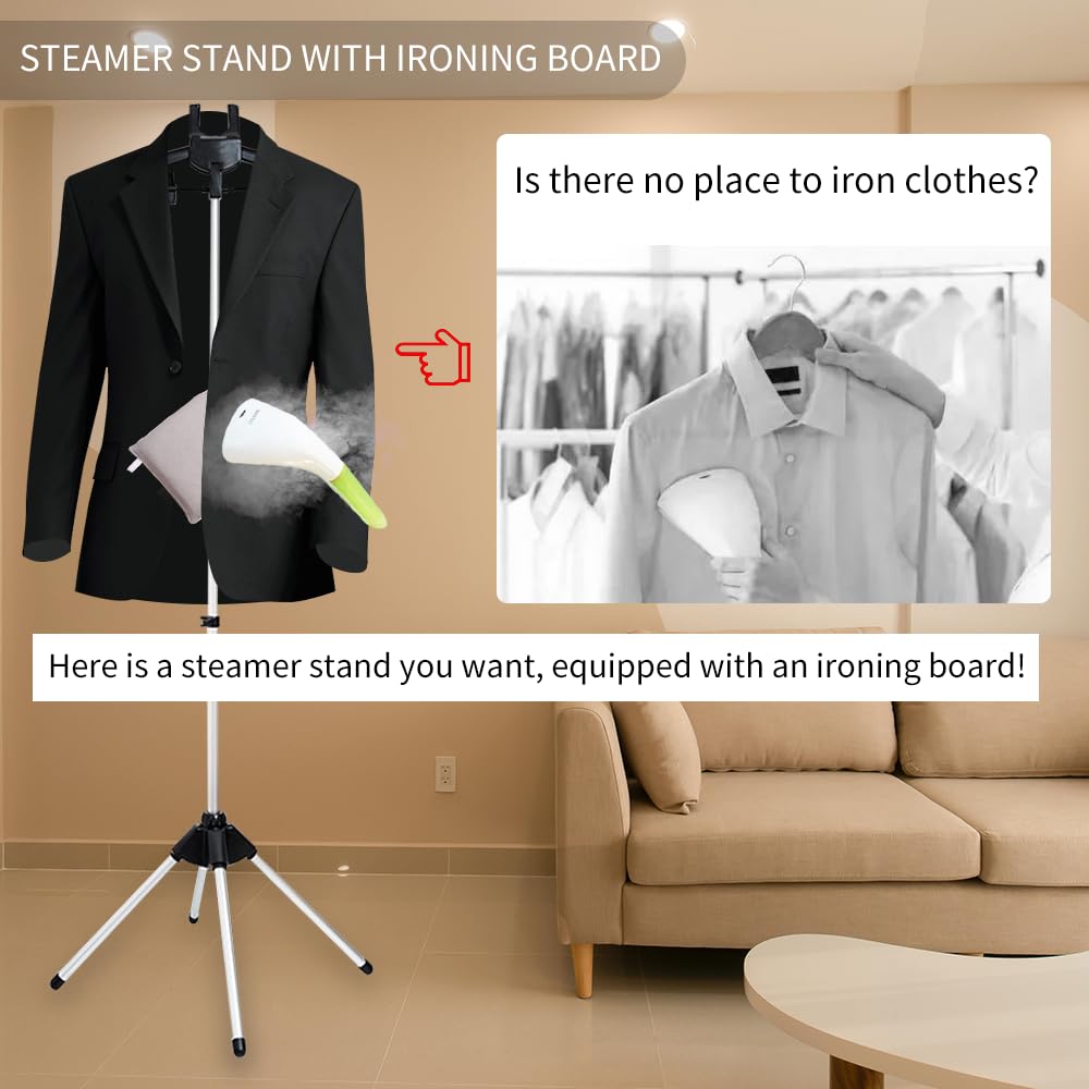 Foldable Garment Steamer Stand with Ironing Gloves - Adjustable Steamer Rack with 2 Clips for Suits, Shirts, Overcoats & Vests - Portable Steam Iron Stand for Bedroom, Cloakroom & Travel - Perfect for Home Use, Business Trips and Hotel Stays