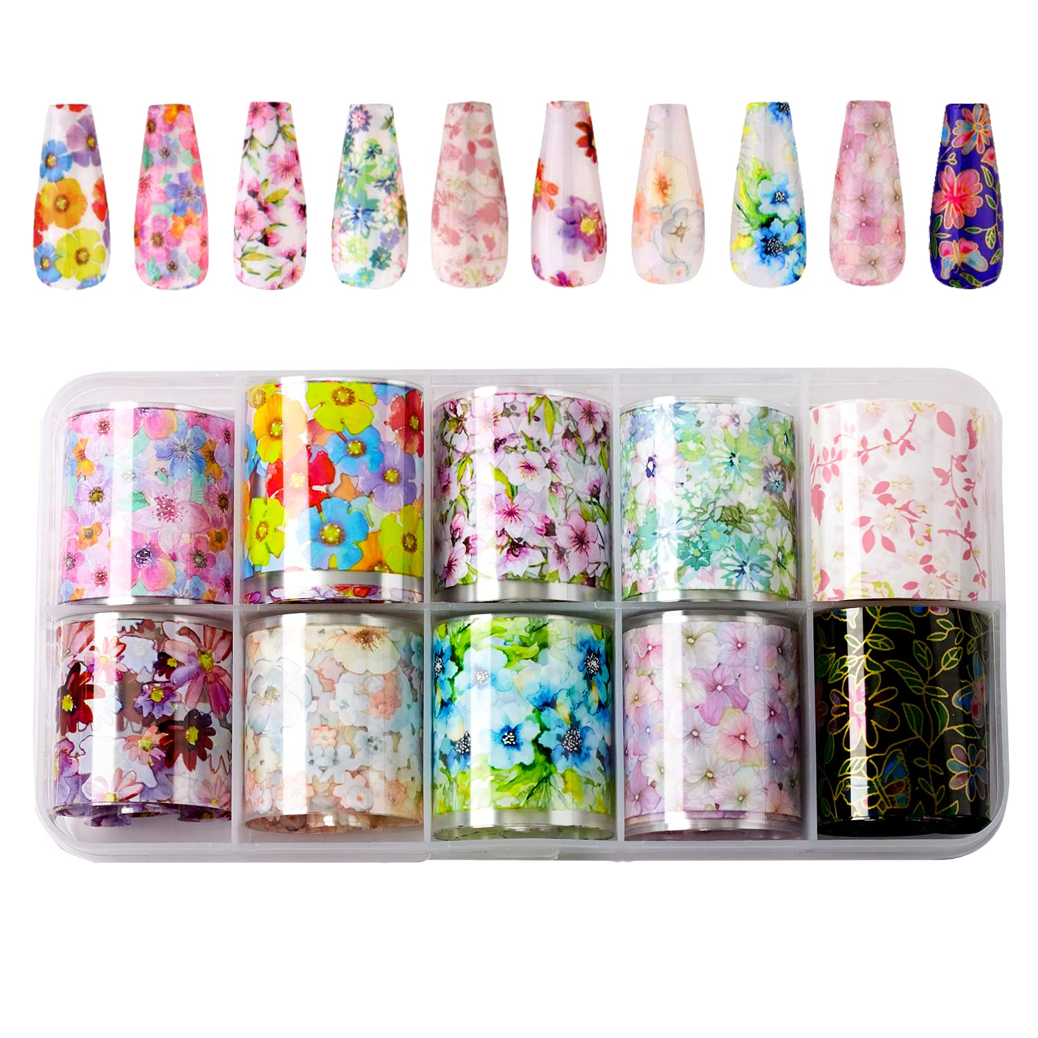 Makartt 10 Rolls Nail Art Foil Stickers - Mix Flower Nail Foil Transfer Stickers with Adhesive for Nail Decals | DIY Nail Art Designs Supplies (2.5x100cm) | Perfect for Salon, Home Manicure & Nail Art Enthusiasts
