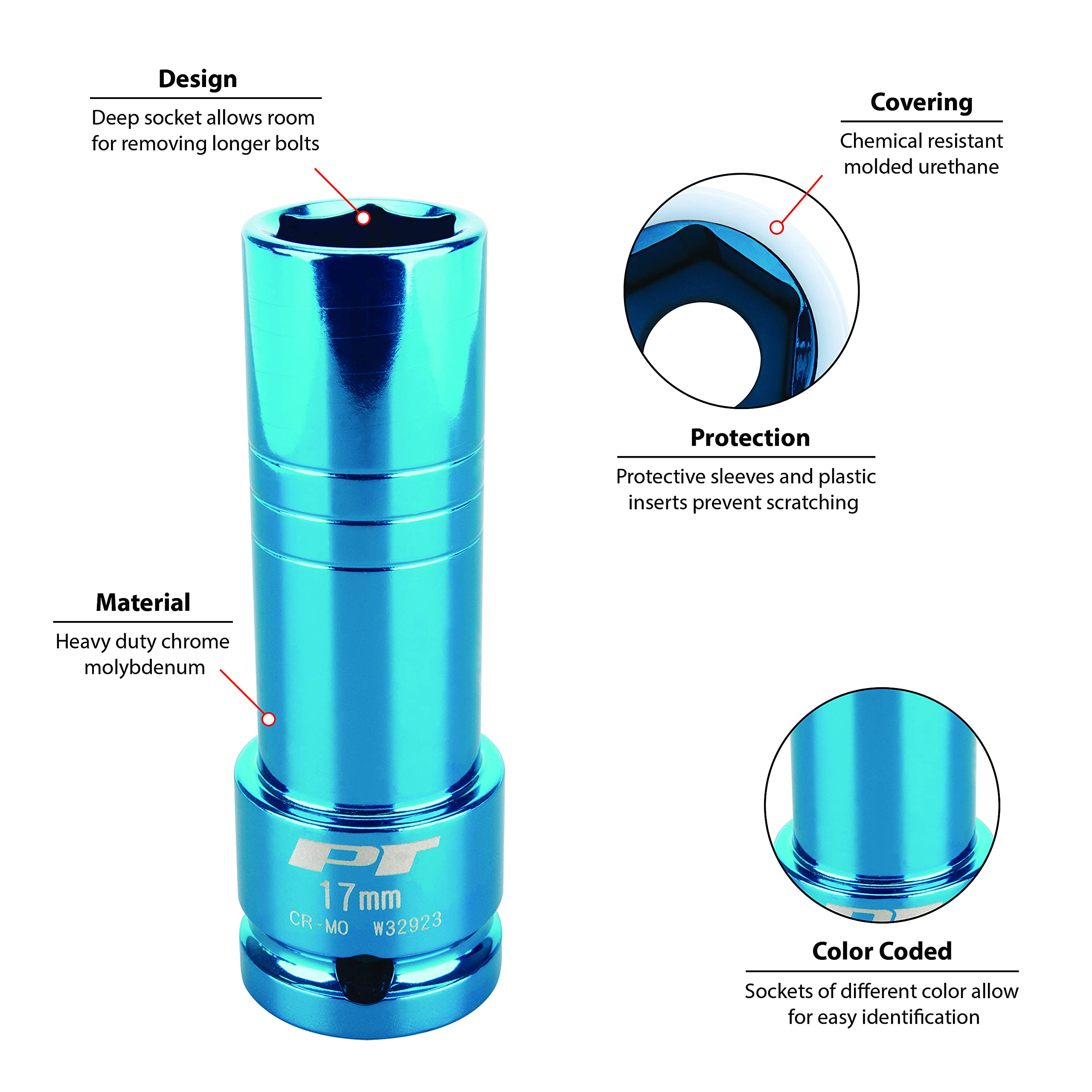 Performance Tool W32923 1/2-Inch Drive 17mm Thin Wall Impact Socket - Blue - Perfect for Automotive Repairs, Machinery Maintenance & DIY Projects
