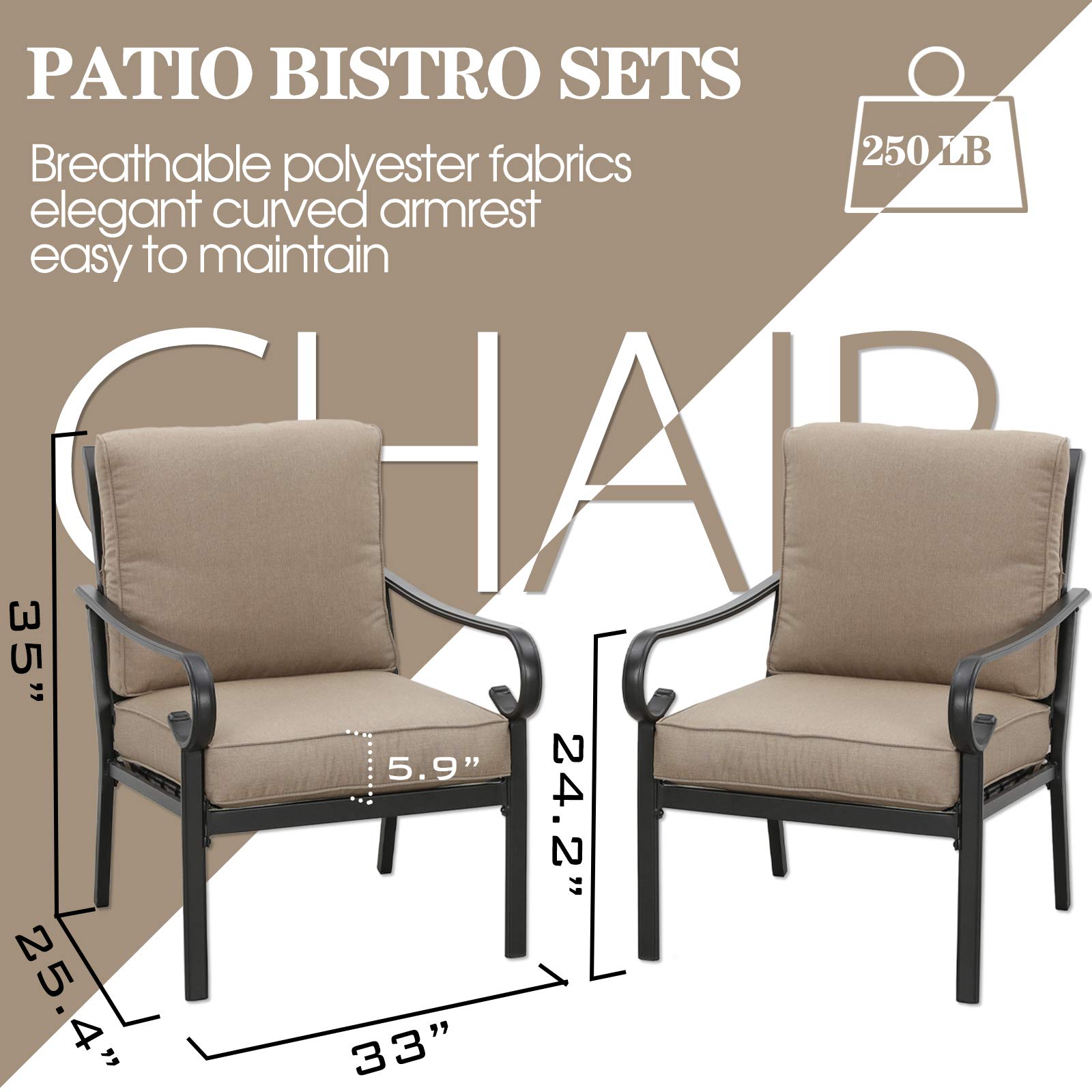2-Piece Patio Dining Chairs Set - All-Weather Metal Bistro Armchairs with Cushions for Outdoor Porch, Deck, Garden & Backyard - Khaki - Perfect for Relaxing, Entertaining & Dining Al Fresco