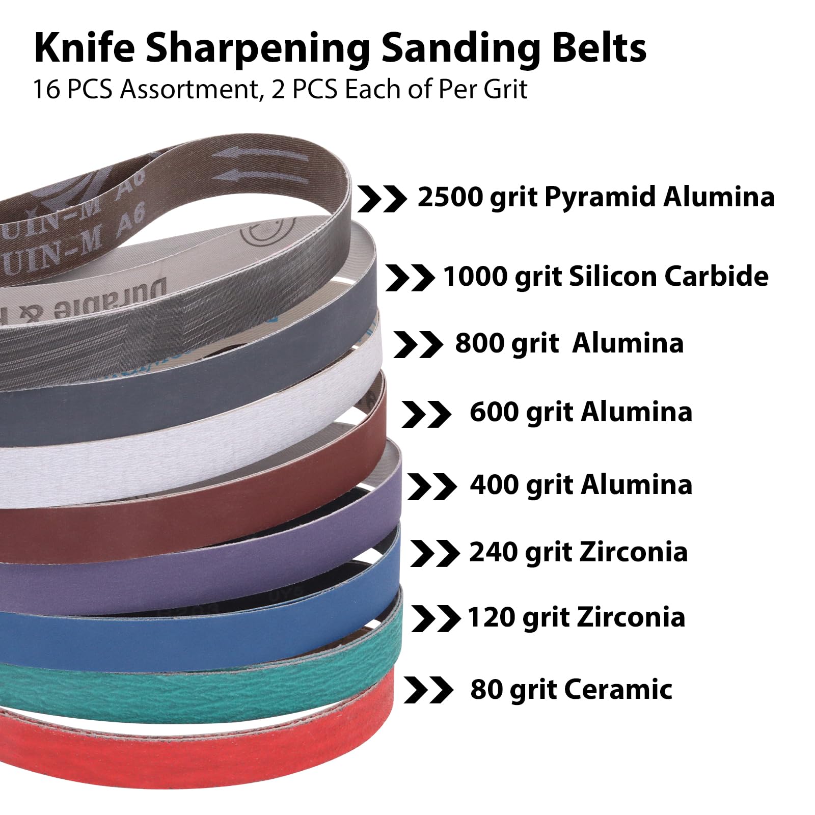 1 x 18 Inch Sanding Belts - 16 Pcs Knife Sharpener Sanding Belts for Work Sharp Ken Onion Blade Grinder Attachment - 80/120/240/400/600/800/1000/2500 Grit Abrasive Belts - Perfect for Knife Sharpening, Woodworking & Metal Polishing