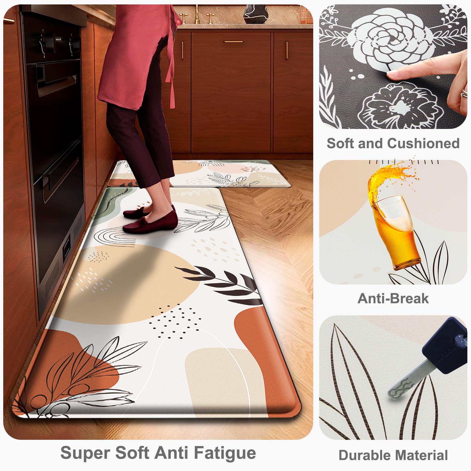 Anti-Fatigue Kitchen Mats Set of 2 - 0.47'' Thick Cushioned Floor Mats, Non-Slip Waterproof Standing Mat for Sink, Desk & Laundry - Boho Style Home Decor - Perfect for Cooking, Dishwashing & Long Standing Work