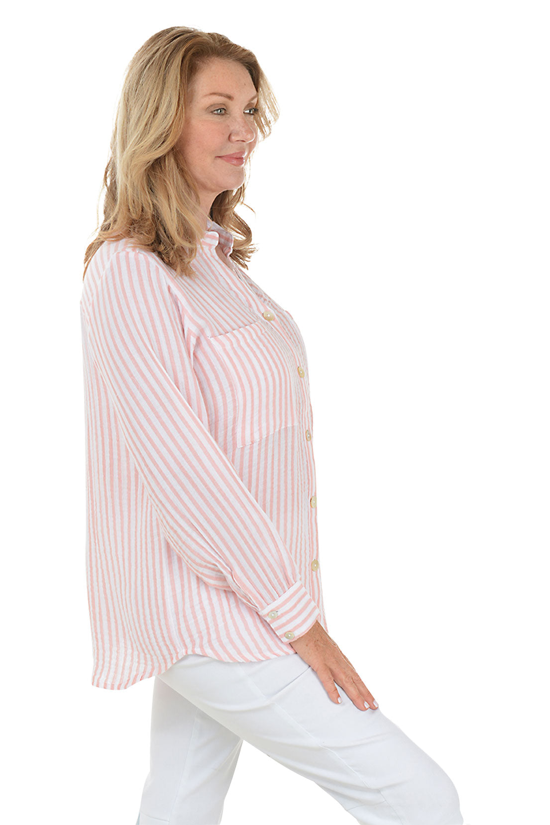 Stylish Rose Striped Cotton Gauze Shirt for Women - Breathable Summer Blouse for Casual Outings, Beach Cover-Up & Boho Fashion