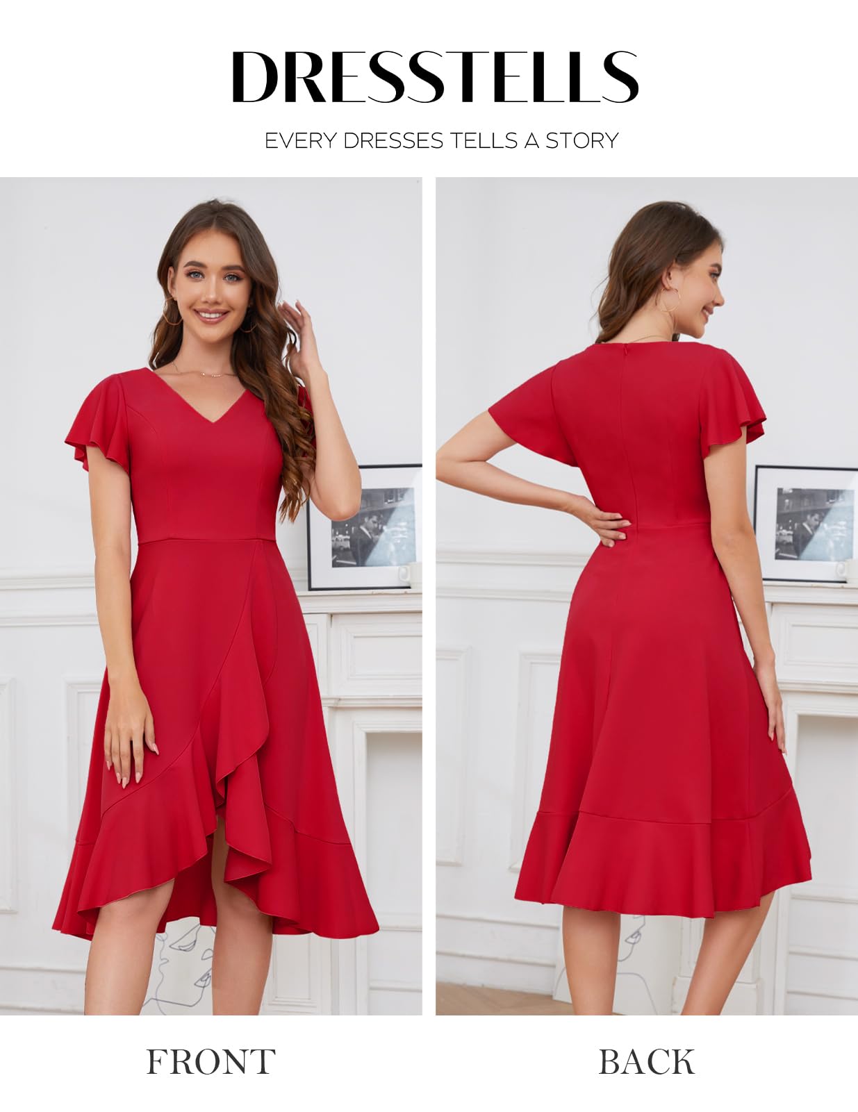 DRESSTELLS Women's Cocktail Dresses 2025 | Elegant V-Neck Formal Wedding Guest Dress with Ruffle Details | Vintage Inspired Prom Party Evening Gown for Bridal Shower, Anniversary & Special Occasions