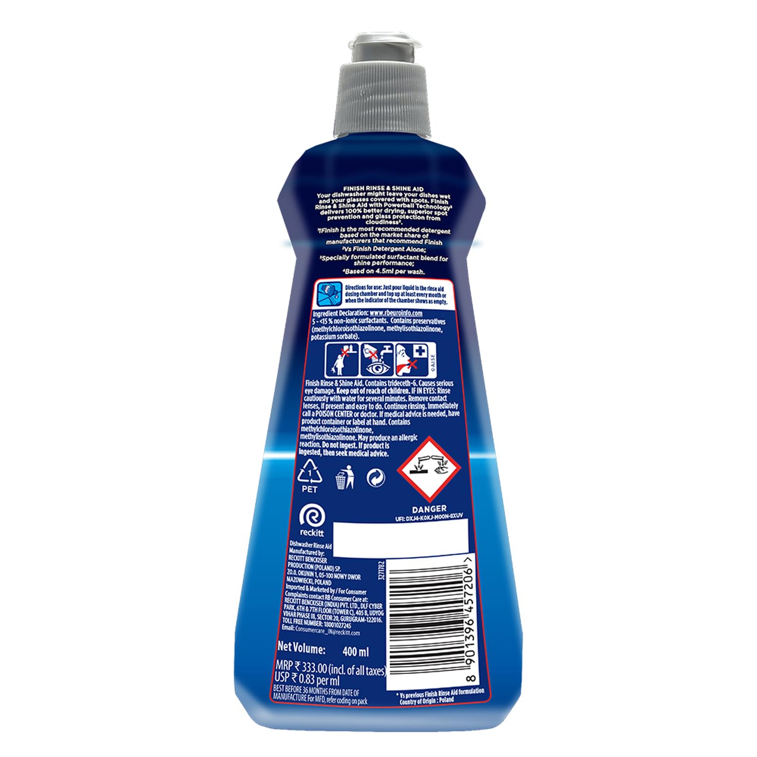Finish Dishwasher Rinse Aid, Shine & Dry - 400ml (Pack of 4) | #1 Recommended Dishwashing Brand for Sparkling Clean Dishes | Perfect for Glassware, Silverware & Everyday Dishware