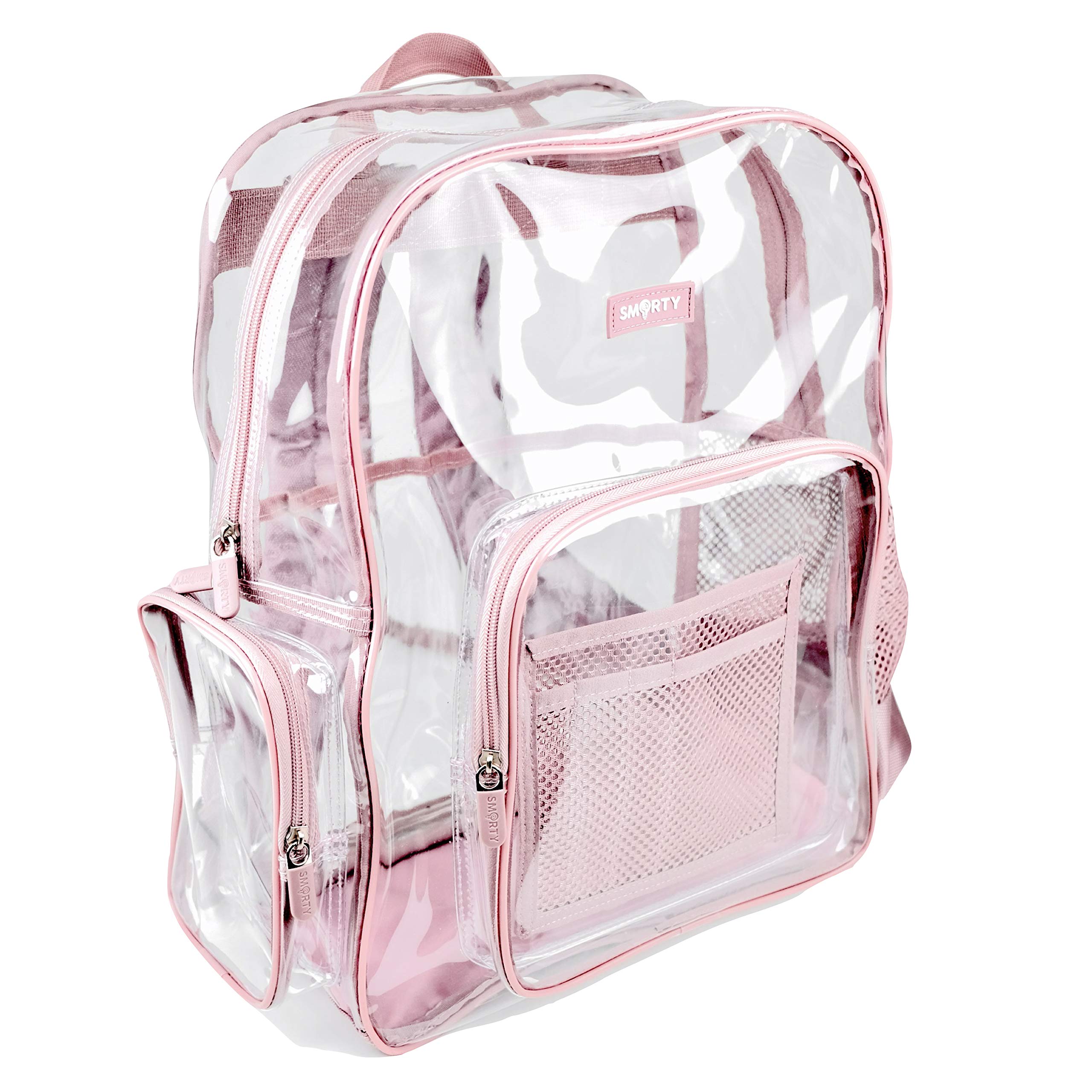 SMARTY V6 Large Heavy Duty Clear Backpack - Durable Transparent See-Through School Bag for Work, Travel & Stadium Security (Ash Pink) | TSA Approved for Concerts & Events
