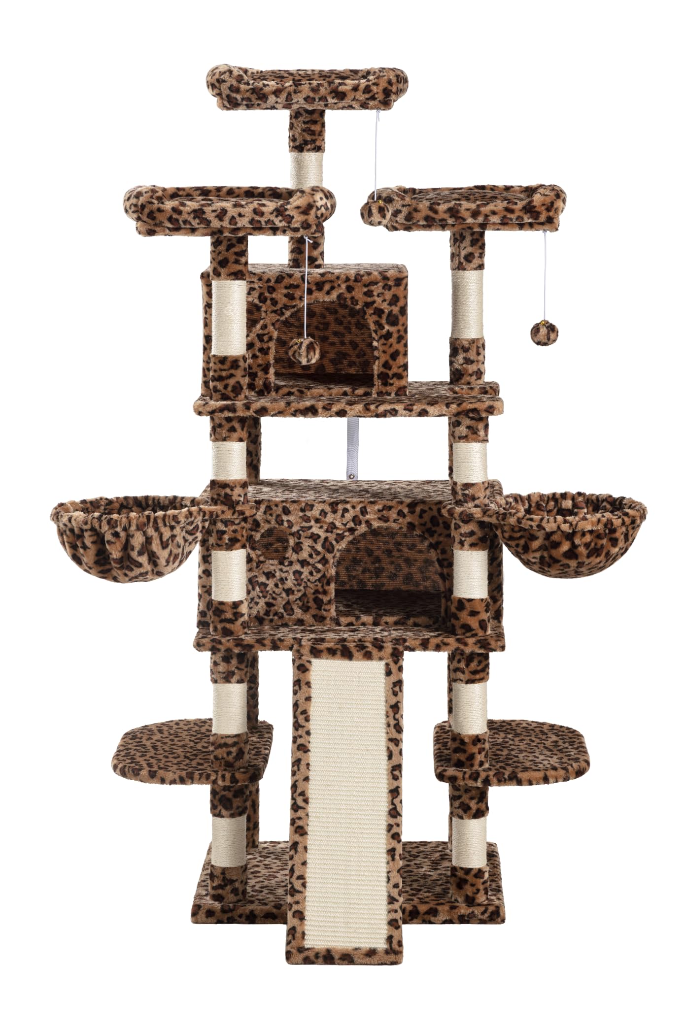 68-Inch Multi-Level Large Cat Tree for Big Cats - Sturdy Cat Tower with Condo, Plush Perches, Sisal Scratching Posts & Hammocks - Leopard Print Activity Center for Play & Rest (Ideal for Large Kitties & Active Cats)