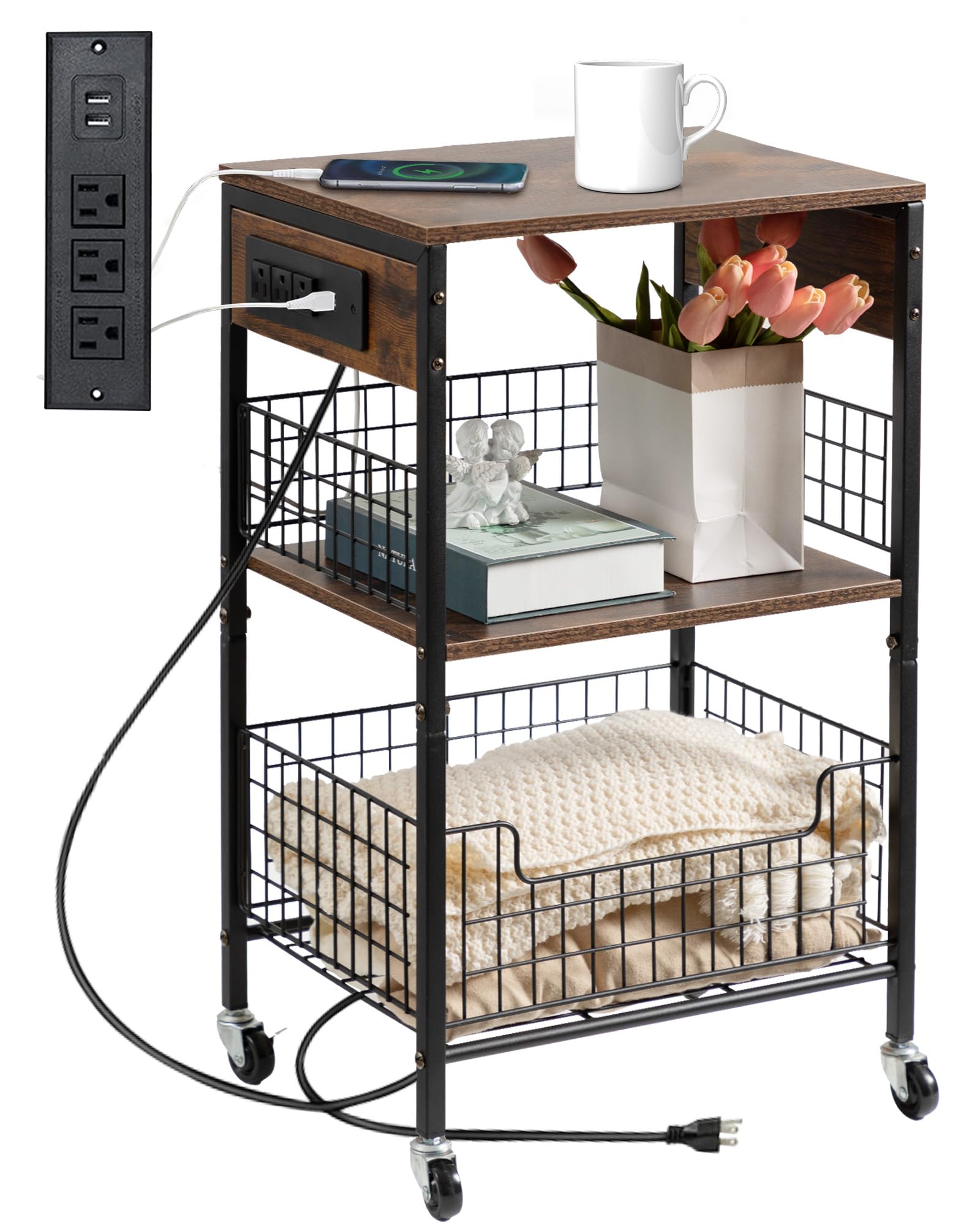 Hadulcet 3-Tier End Table with USB Charging Station & Storage Basket - Rustic Brown Metal Side Table for Living Room, Bedroom, Office - Perfect for Small Spaces, Nightstand Use & Home Organization