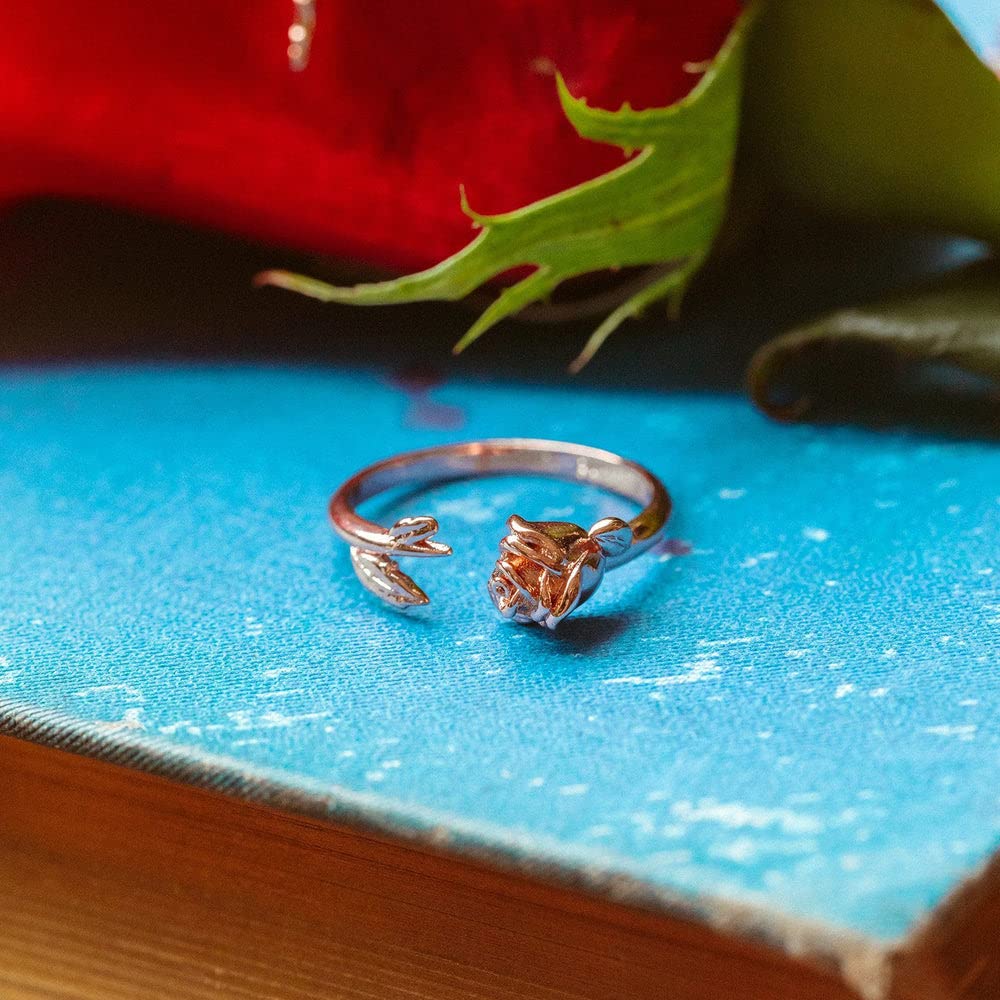 Pura Vida Rose Gold-Plated Disney Belle Rose Open Ring with Rosebud Charm - Brass Base - Size 5-9 - Perfect for Disney Fans, Cosplay & Everyday Wear