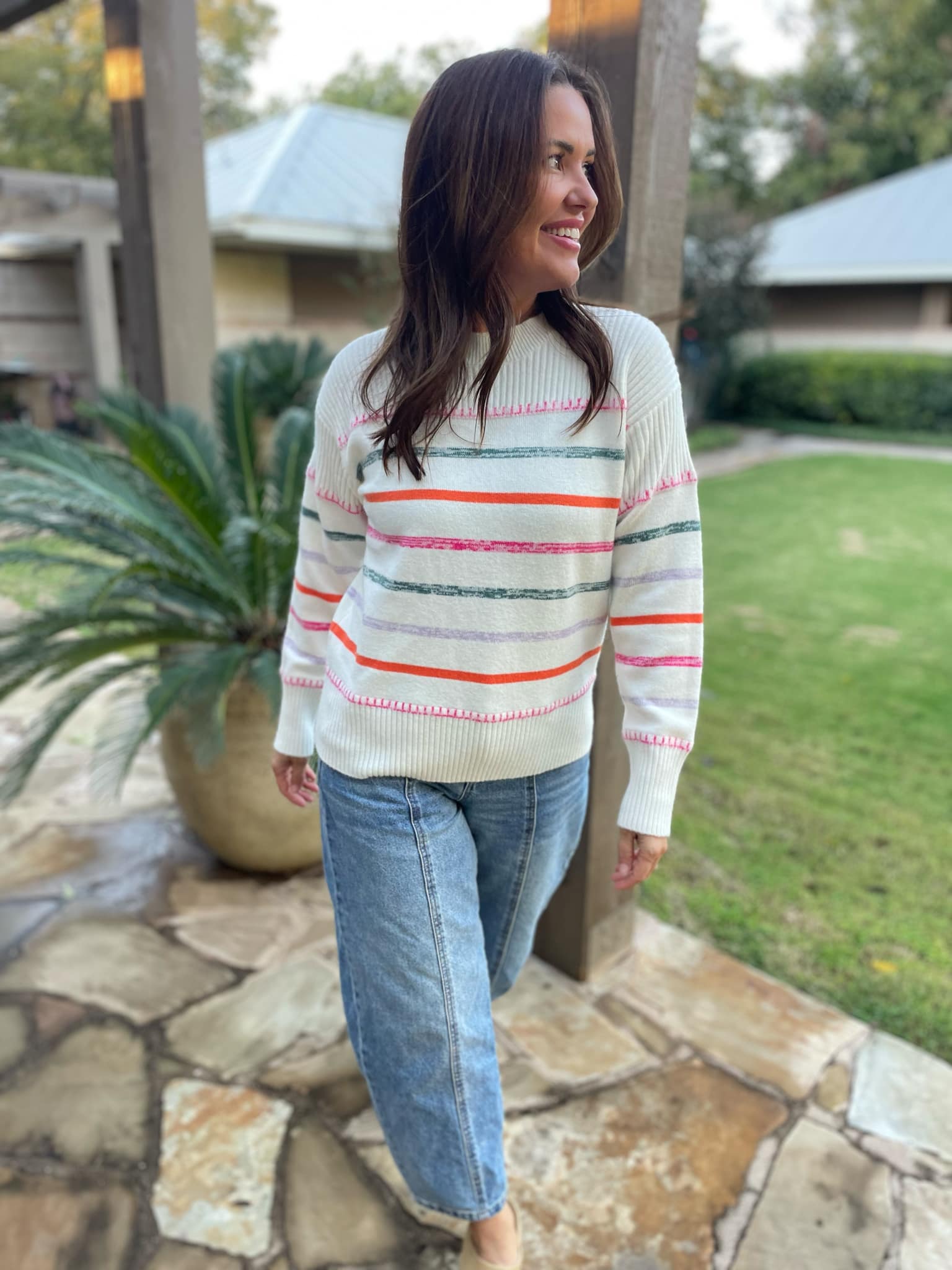 PREORDER: Striped Sweater for Women - Soft & Cozy Pullover in 2 Colors (Happy & Navy) - Perfect for Casual Outfits, Fall Layering & Holiday Gatherings