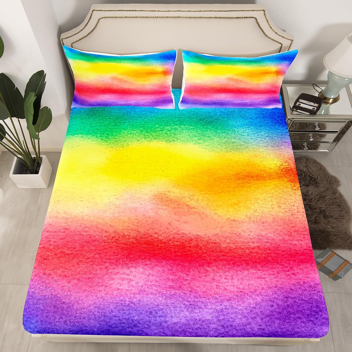 Feelyou Rainbow Stripe Bed Sheet Set for Girls - Ultra Soft Queen Size Kids & Teens Bedding with Colorful Watercolor Stripes - Perfect for Girls' Bedrooms, Dorm Rooms & Sleepovers