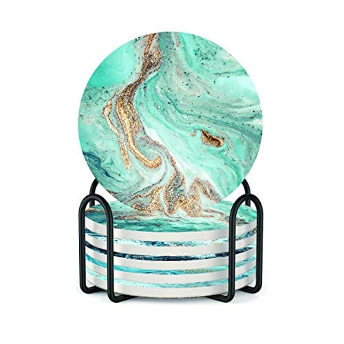 6-Pack Marble Blue Ocean Style Absorbent Ceramic Coasters with Cork Base - Scratch & Stain Resistant Drink Coasters with Holder - Perfect for Coffee Tables, Bars, and Home Decor
