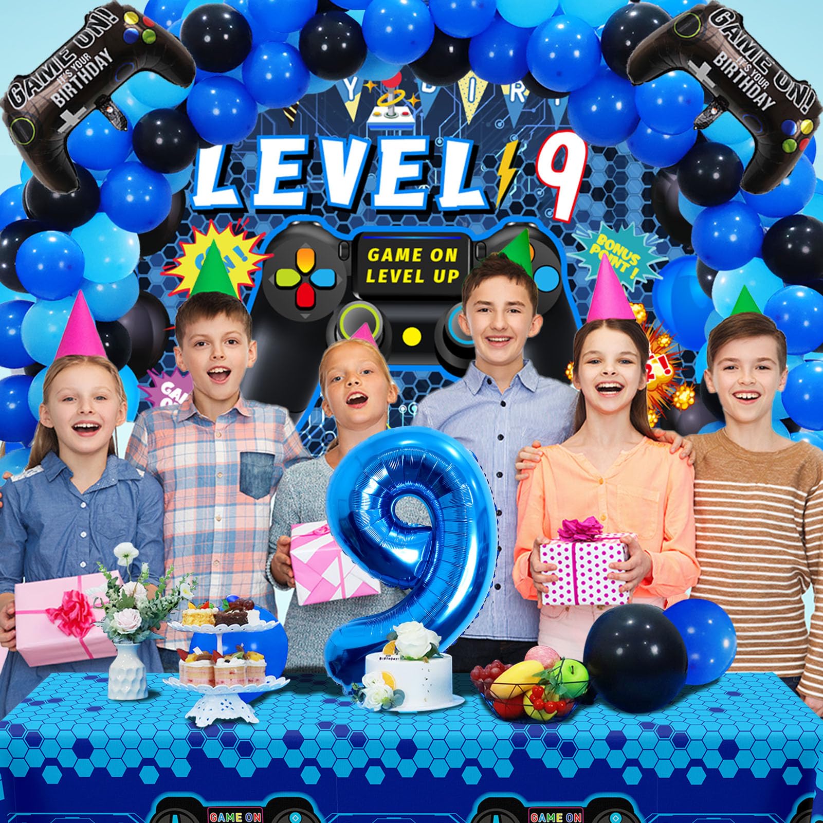 Vlipoeasn 90PCS Blue Video Game Party Decorations Set for Boys - 9th Birthday Party Supplies with Backdrop, Balloons & Tablecloth - Perfect for Gamer Themed Birthday Parties, Gaming Events & Kids Celebrations