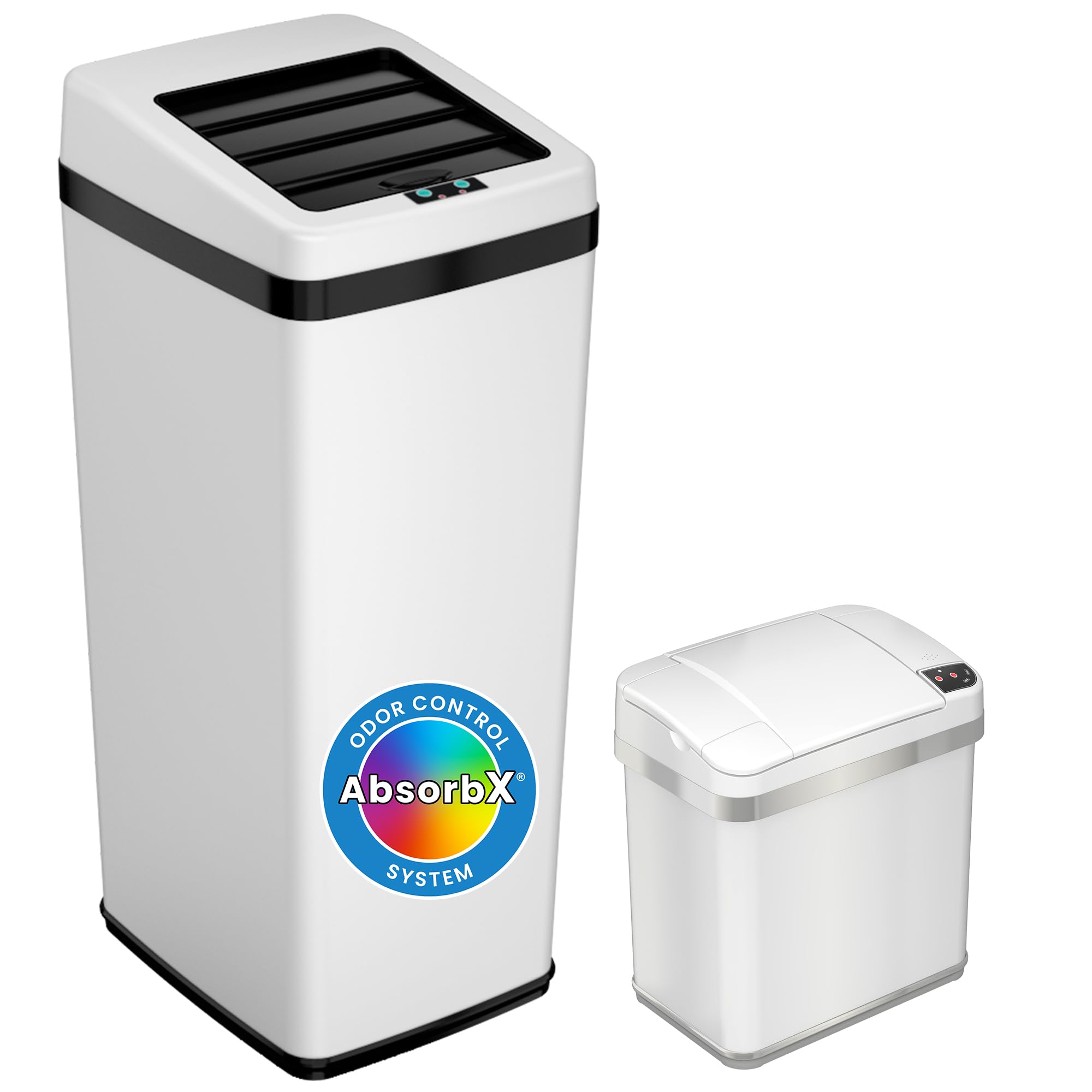iTouchless 14 Gallon & 2.5 Gallon Automatic Sensor Trash Cans with AbsorbX Odor Control - Stainless Steel & White Kitchen & Bathroom Garbage Bins for Hands-Free Waste Disposal