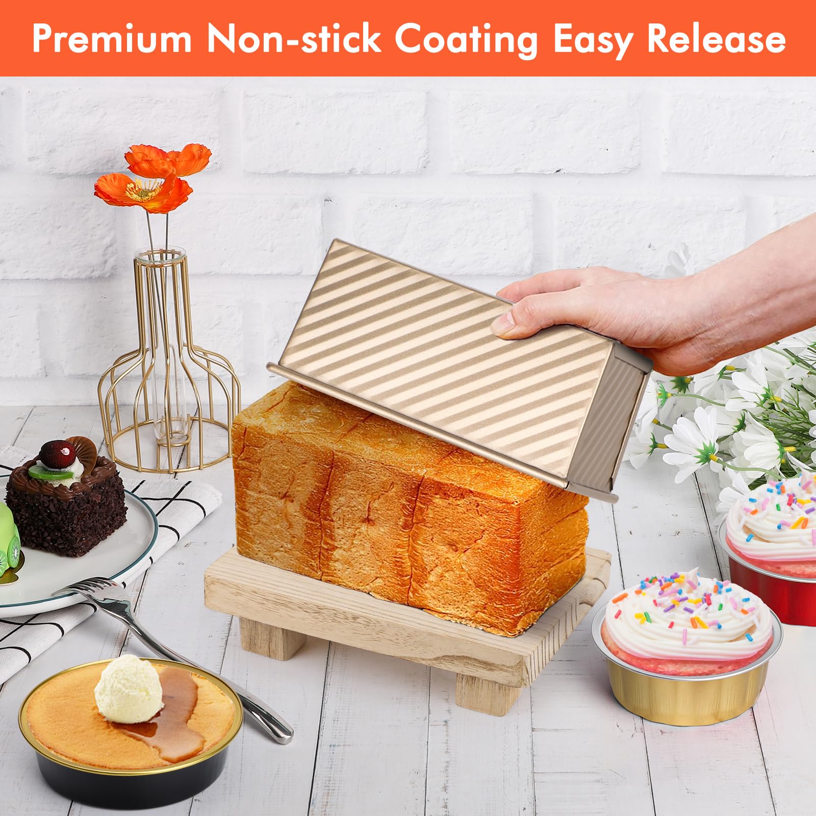 Beasea 2-Pack 0.5 lb Pullman Loaf Pan with Lid - Non-Stick Carbon Steel Mini Bread Toast Box for Homemade Bread, Perfect for Oven Baking, Meal Prep & Gift Giving - Gold