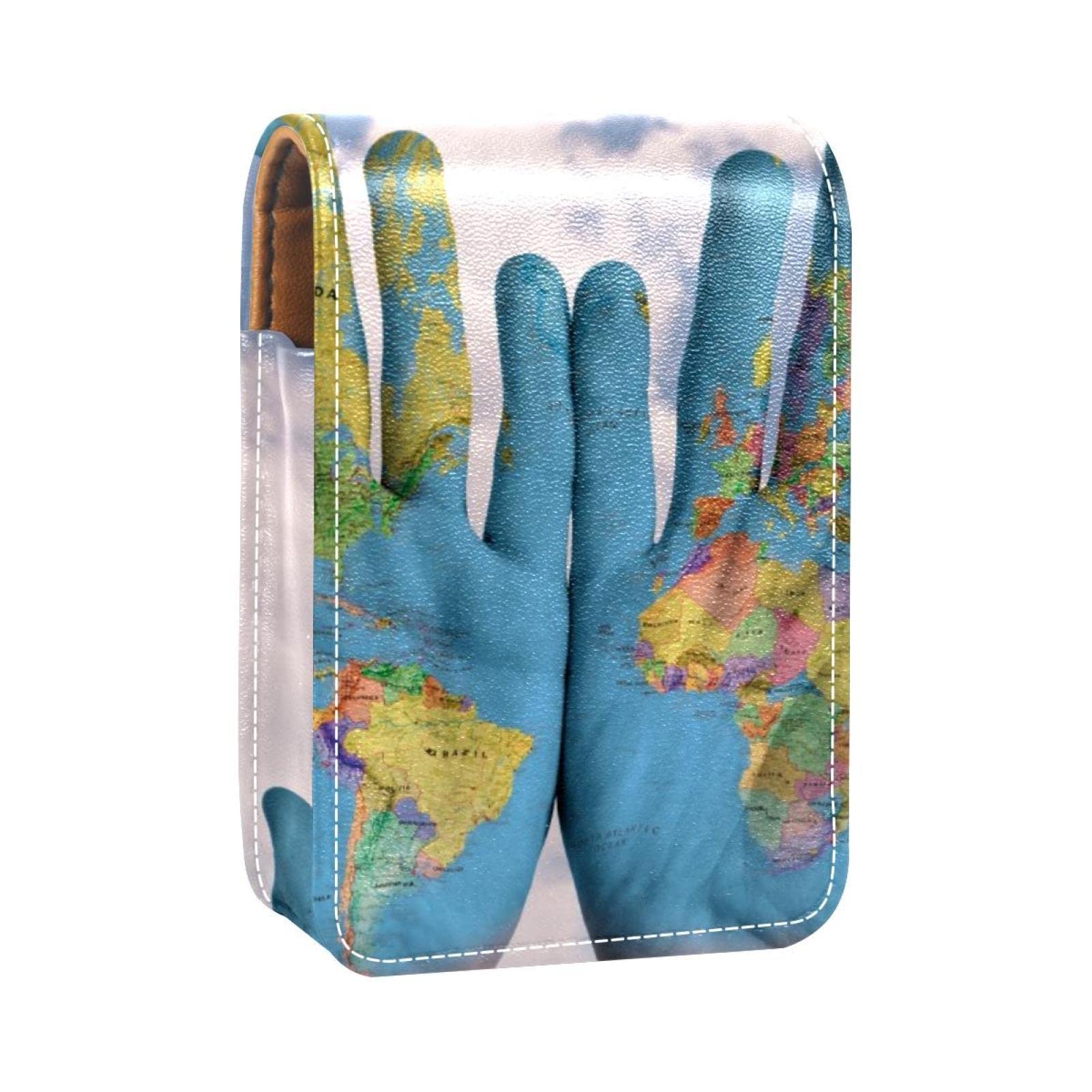 Personalized Lipstick Case - Portable Makeup Bag & Cosmetic Pouch Organizer with World Map Hand Painting - Perfect for Travel, Gifts, and Daily Makeup Storage