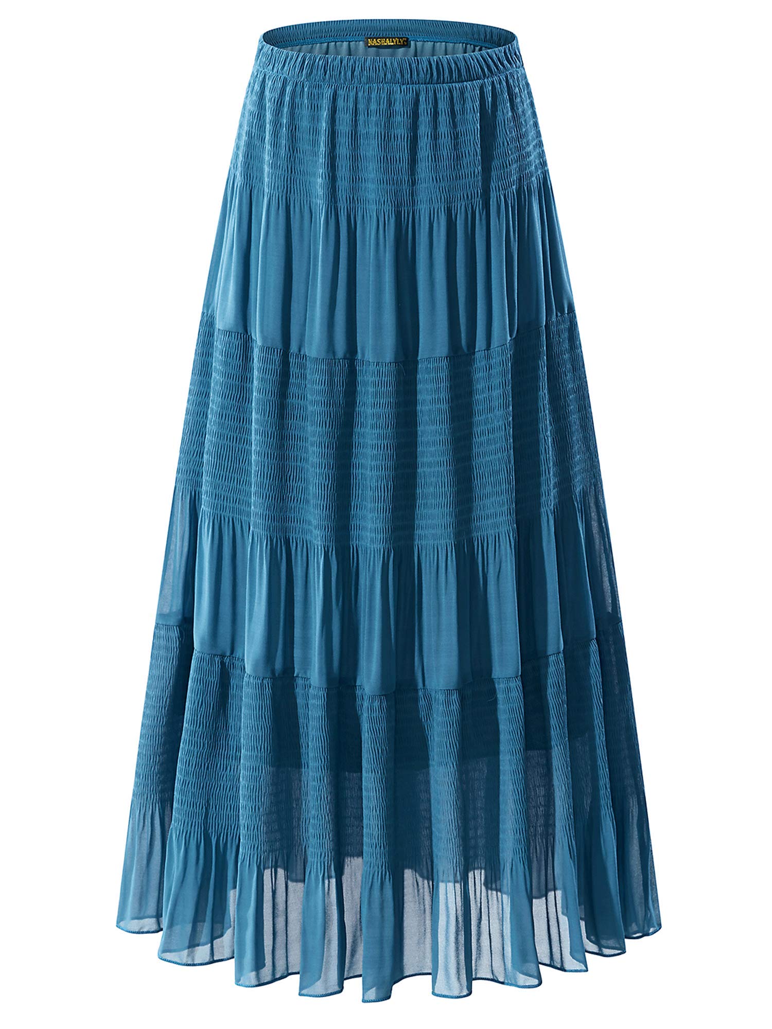 NASHALYLY Women's Chiffon Elastic High Waist Pleated A-Line Flared Maxi Skirt - Elegant Summer Beach Dress for Casual Outings, Parties & Vacations