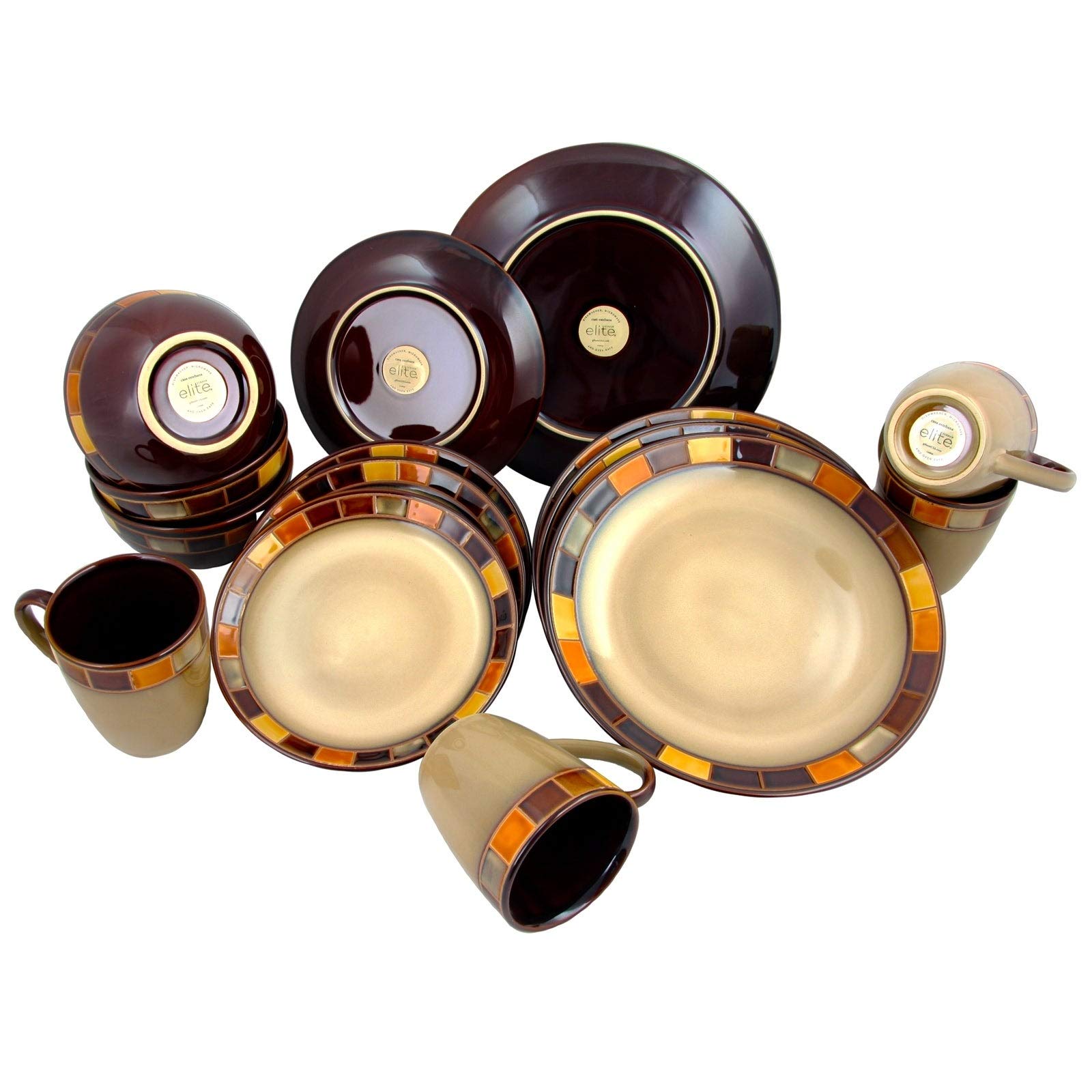 16-Piece Beige Banded Casual Dinnerware Set - Microwave & Dishwasher Safe Stoneware Plates & Bowls for Everyday Dining, Family Gatherings & Entertaining