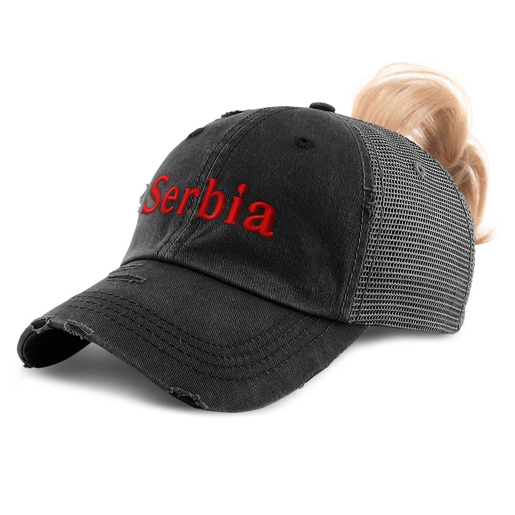 Women's Distressed Cotton Trucker Hat with Ponytail Hole - Serbia Love Design - Perfect for Outdoor Activities, Sports, and Casual Wear