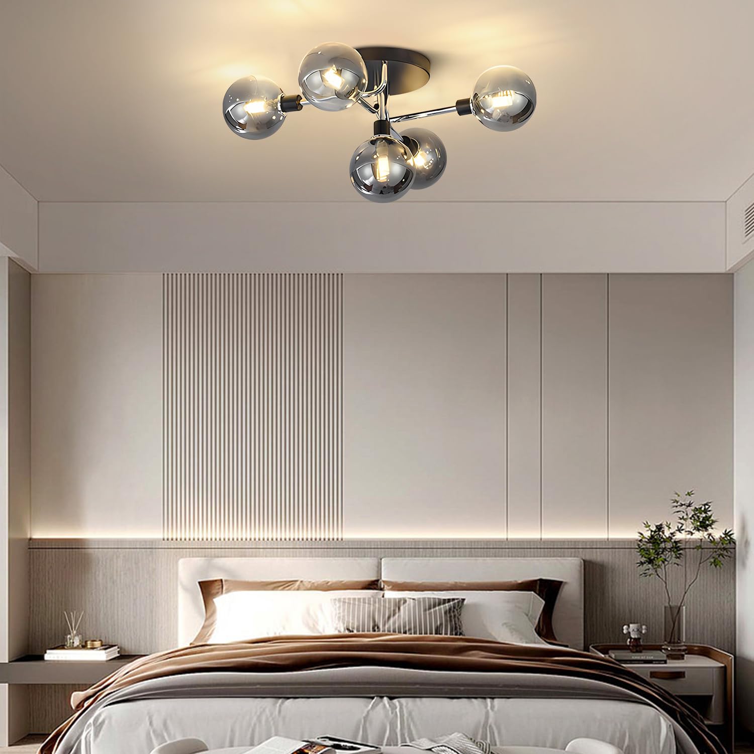 BOKT 5-Light Sputnik Chandelier Semi-Flush Mount Ceiling Light Fixture with Smoked Glass Globes - Modern Pendant Lighting for Kitchen, Dining Room, Living Room & Bedroom (Silver Finish, Bulbs Included) | Perfect for Mid-Century Modern Homes and Contemporary Spaces