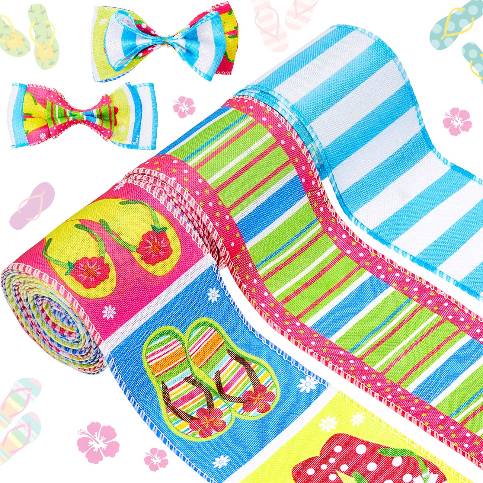 3 Rolls 18yds Summer Wired Ribbon - Polka Dot Stripe for Wreaths & DIY Crafts