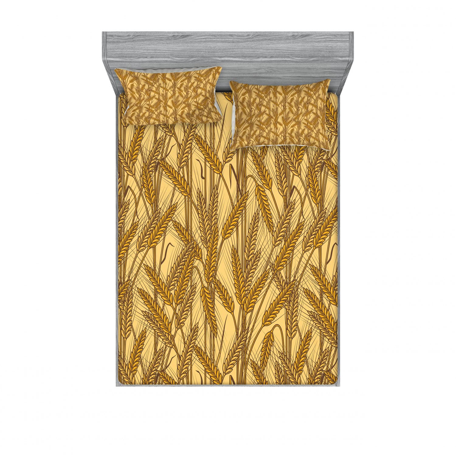 Ambesonne 2-Piece Queen Fitted Sheet Set with 4 Pillow Shams - Harvest Cereal Ears Rural Field Design in Mustard Yellow - Soft Bedding Decor for Farmhouse & Country Style Bedrooms - Perfect for Guest Rooms, Vacation Homes & Cozy Autumn Bedroom Themes