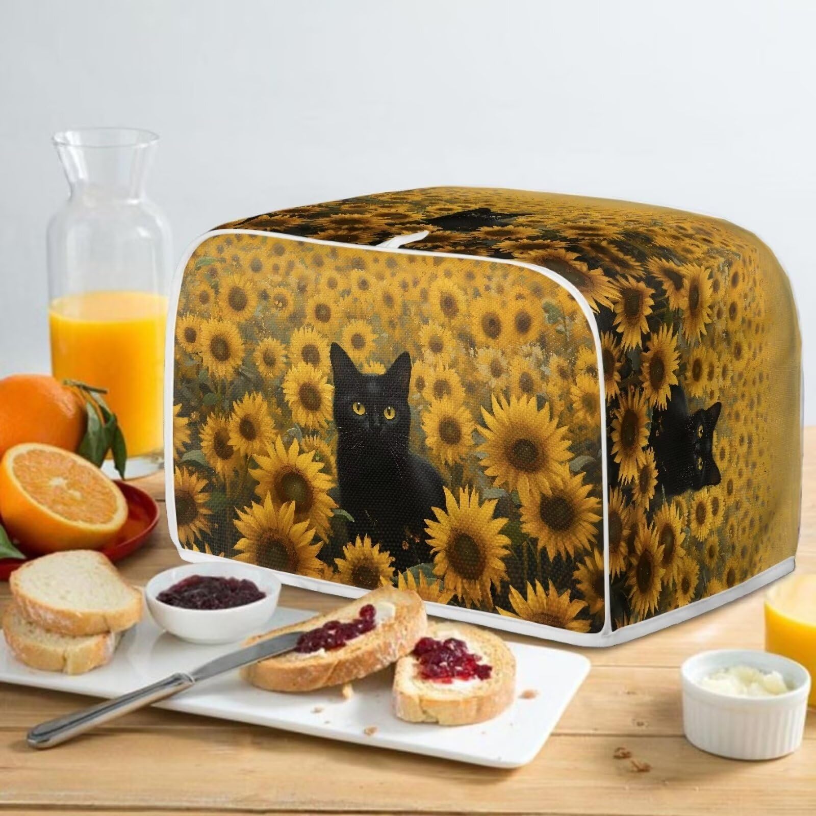 Waterproof Black Cat and Sunflower Print Toaster Cover - Standard 4 Slice Bread Maker Protector - Kitchen Appliance Cover for Countertop Protection - Perfect for Home, Cafe, and Office Use