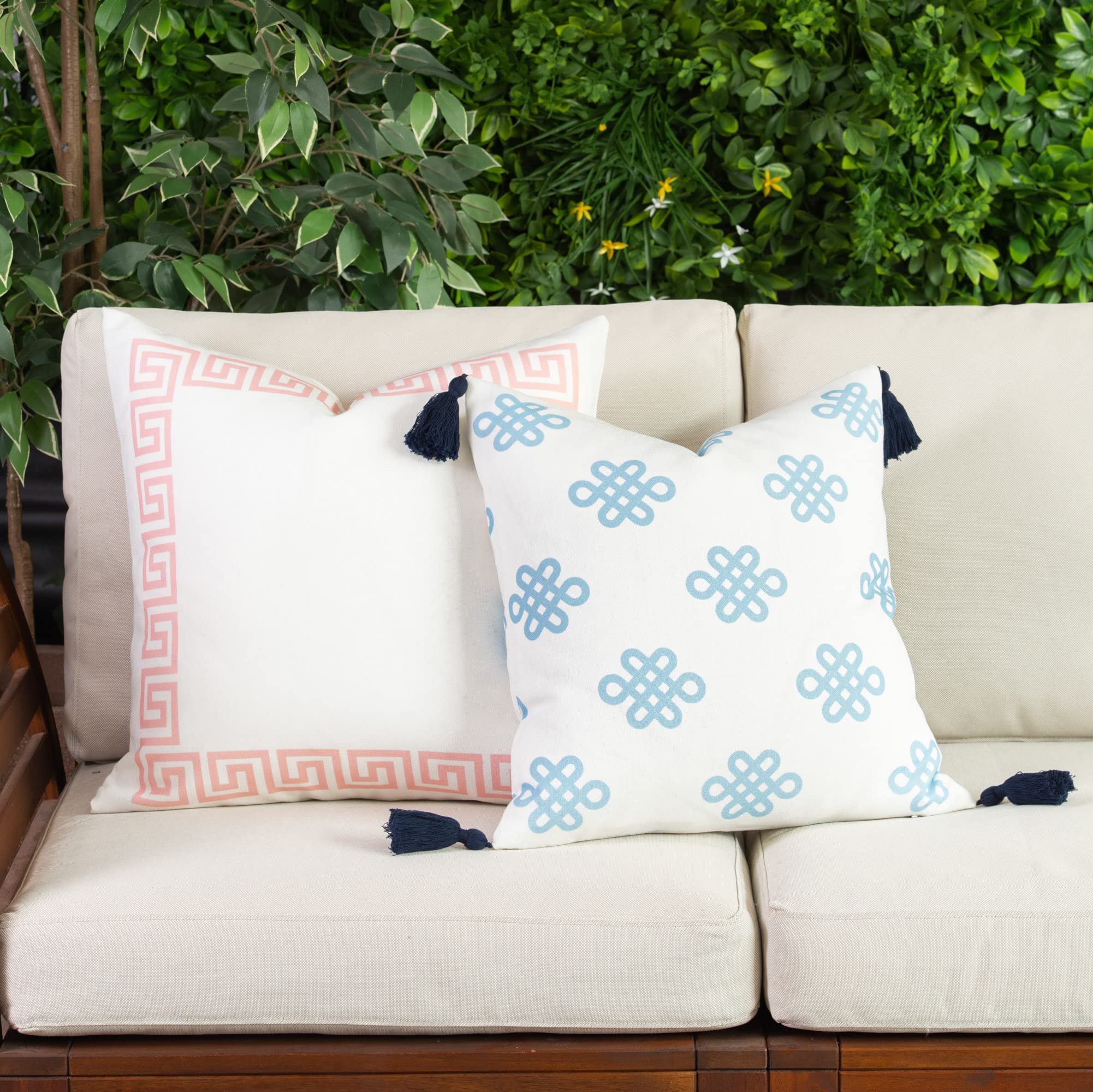 Blue Greek Key Knot Tassel Pillow Cover 18x18 - Coastal Style Indoor Outdoor Decorative Cushion for Patio, Sofa & Bedroom Decor