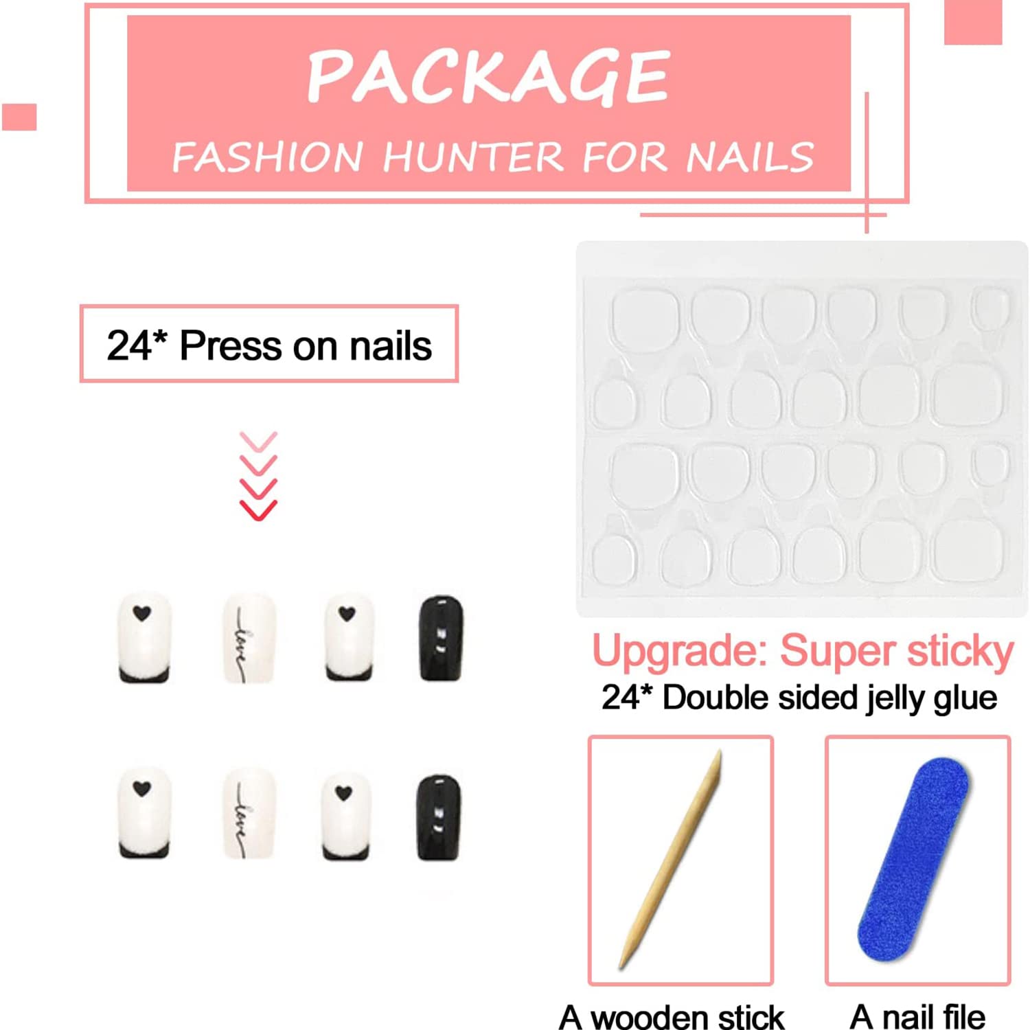 24pcs French False Nails White Tip Short Square Press on Nails - Cute Acrylic Full Cover Stick on Nails with Love & Black Heart Designs - Perfect for Women & Girls Nail Art Accessories - Great for Parties, Weddings, Date Nights & Everyday Wear